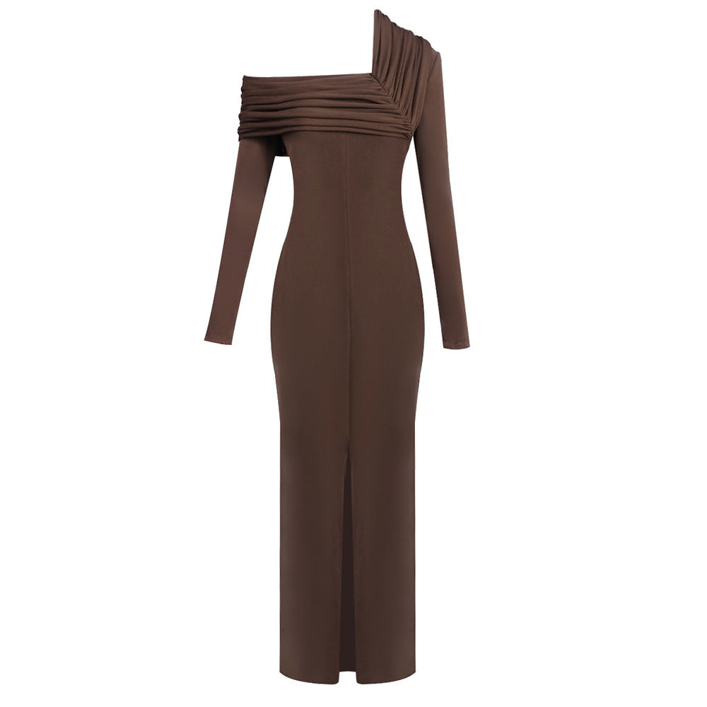maud One-shoulder pleated high-slit maxi dress - brown