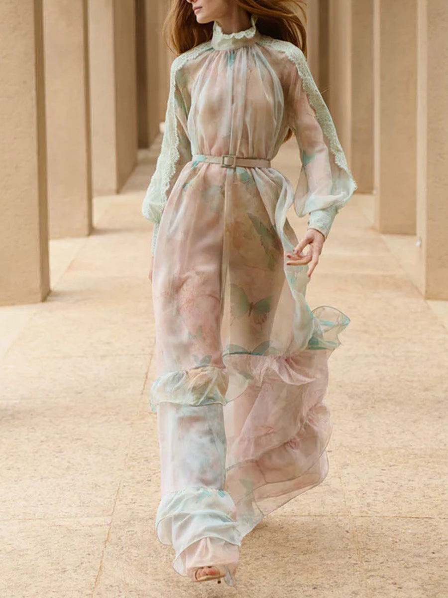 olga floral print  lantern sleeve layer Sheer maxi dress