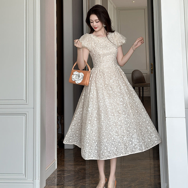 pearl neck Puff sleeve flared lace maxi dress - apricot