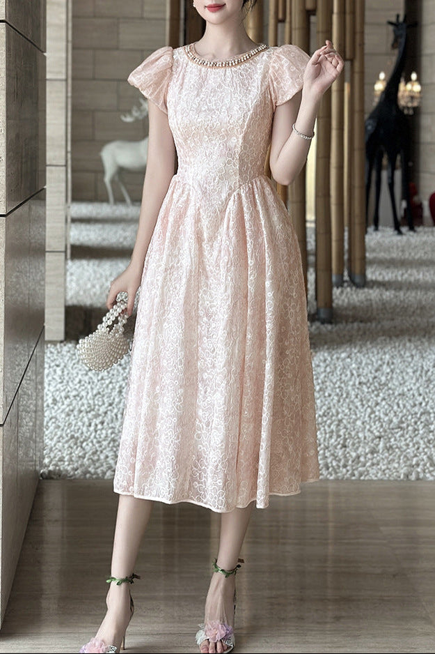 pearl neck Puff sleeve flared lace midi dress - pink