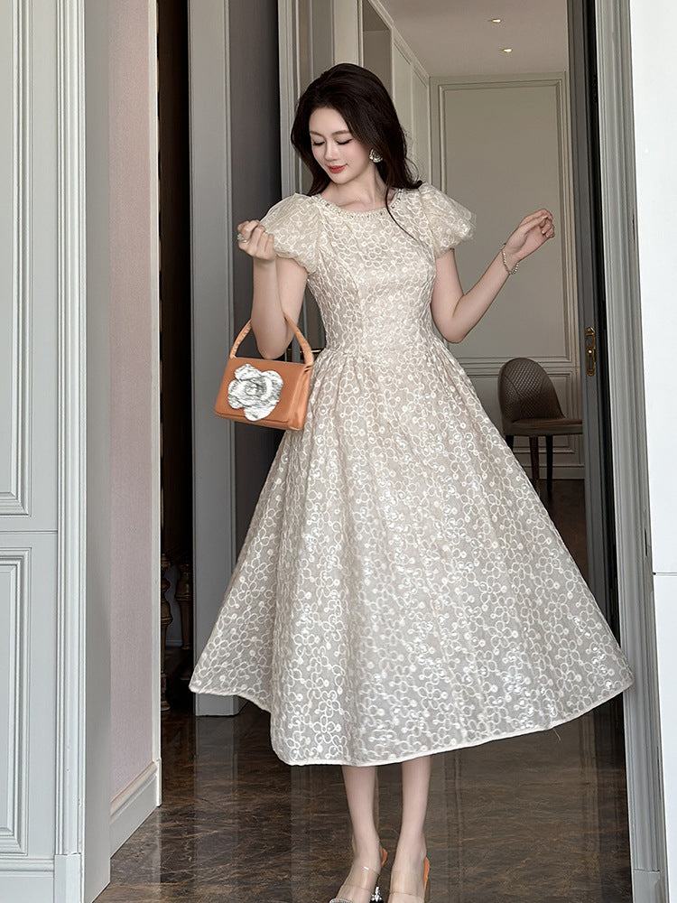 pearl neck Puff sleeve flared lace maxi dress - apricot