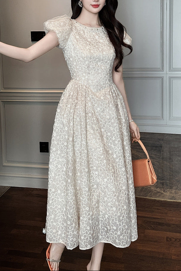 pearl neck Puff sleeve flared lace maxi dress - apricot