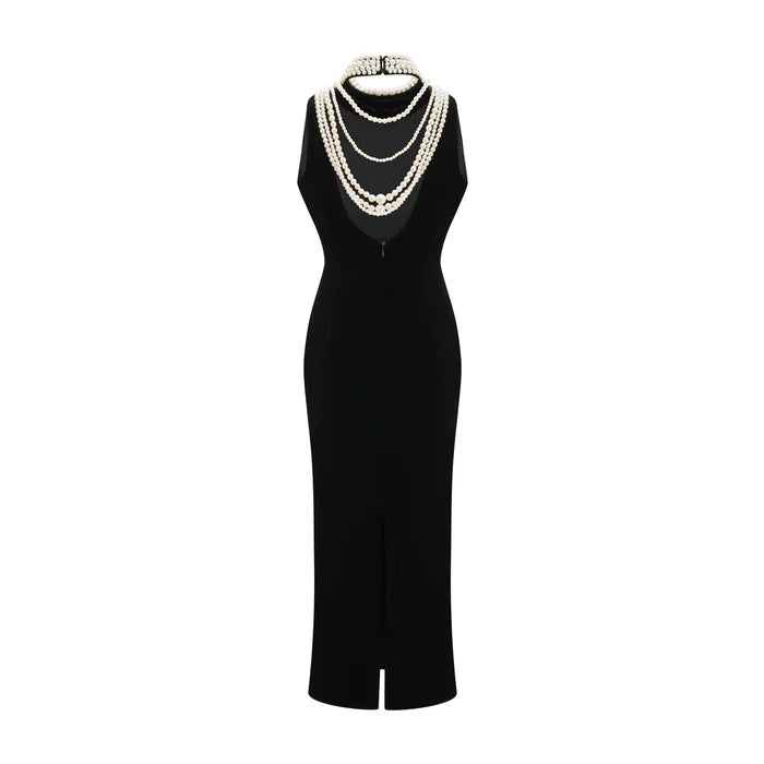 Velvet Faux Pearl Sleeveless Midi Dress