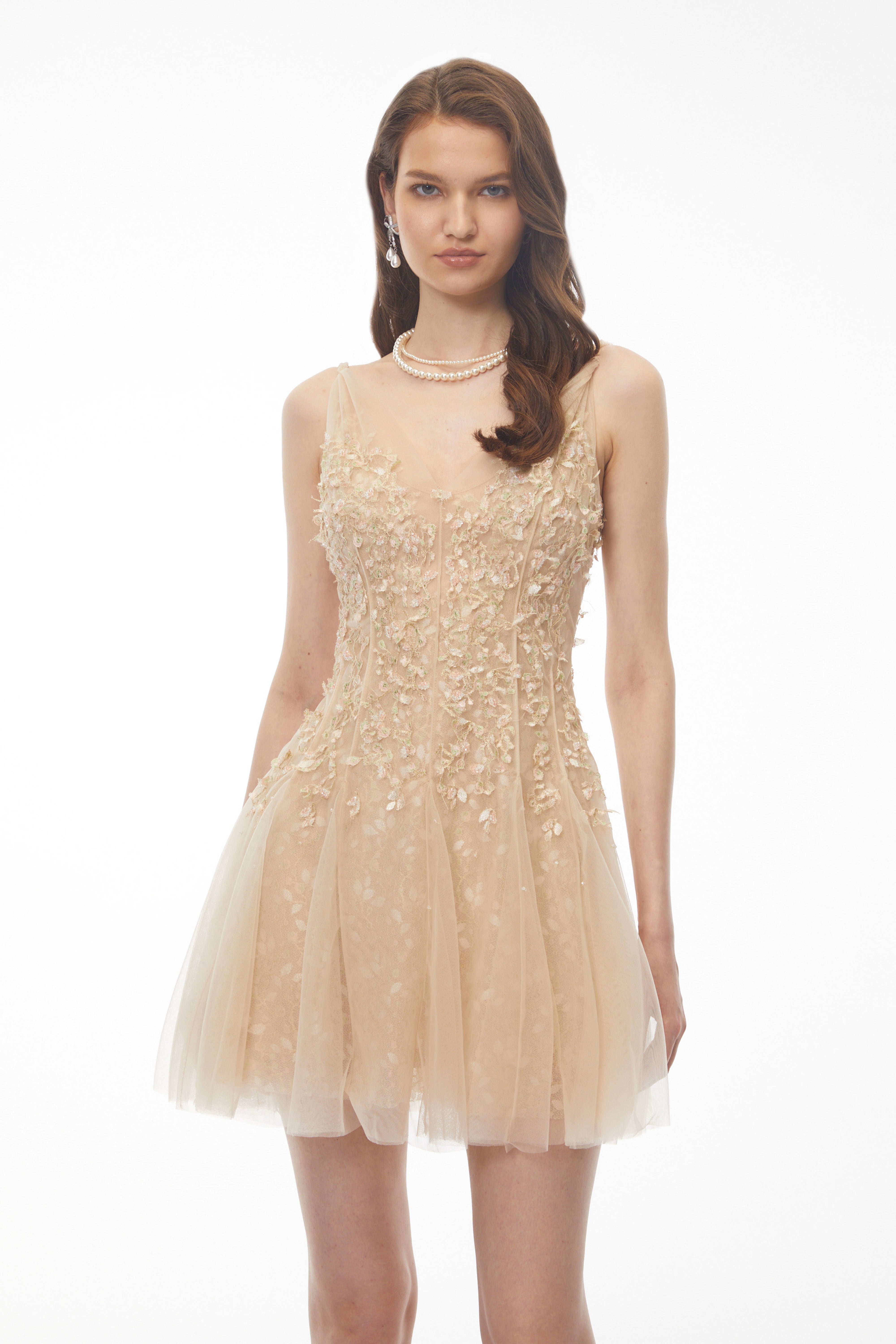 Saga Neutral Pleated Mini Dress with 3D Petals