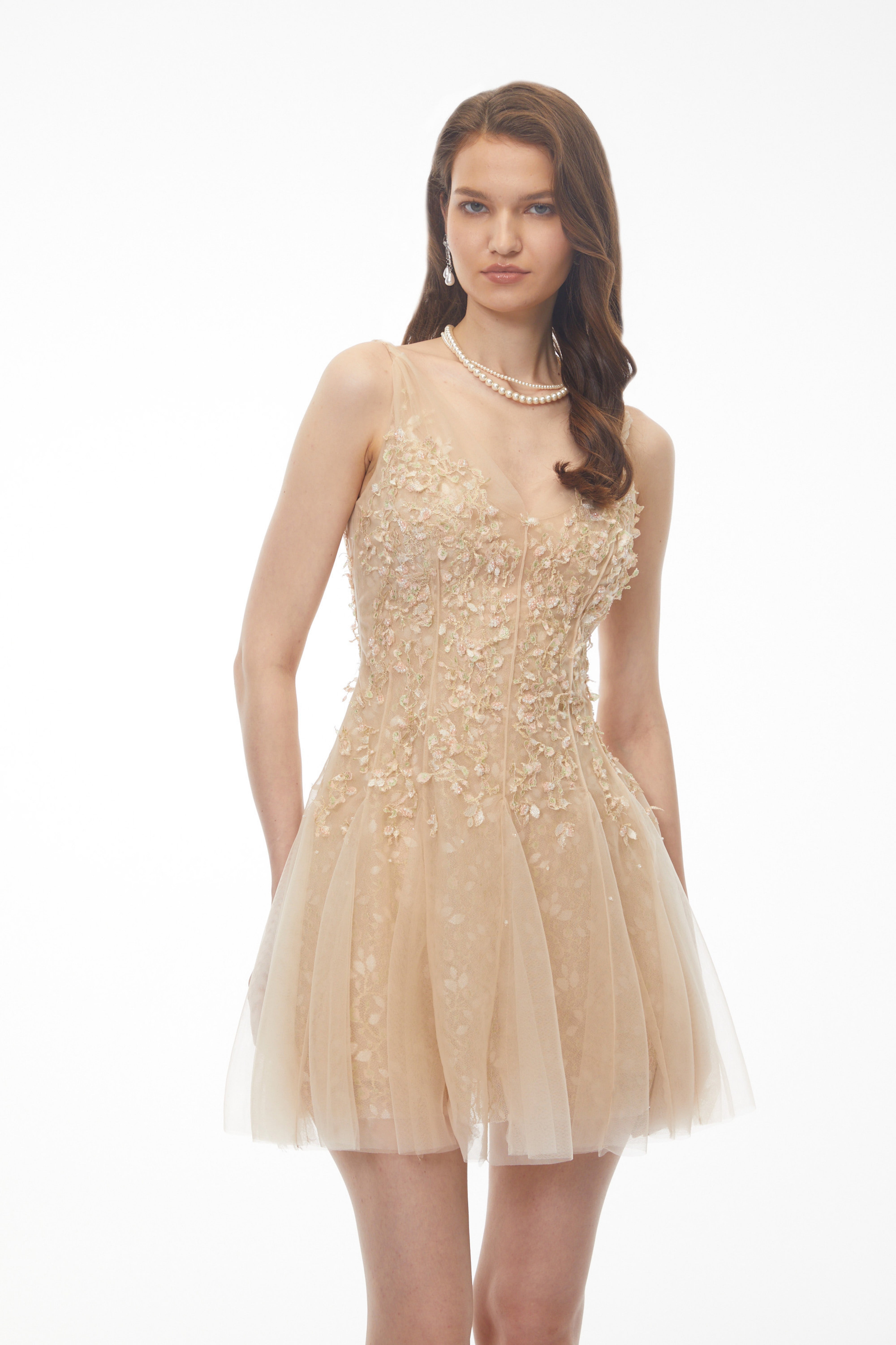 Saga Neutral Pleated Mini Dress with 3D Petals
