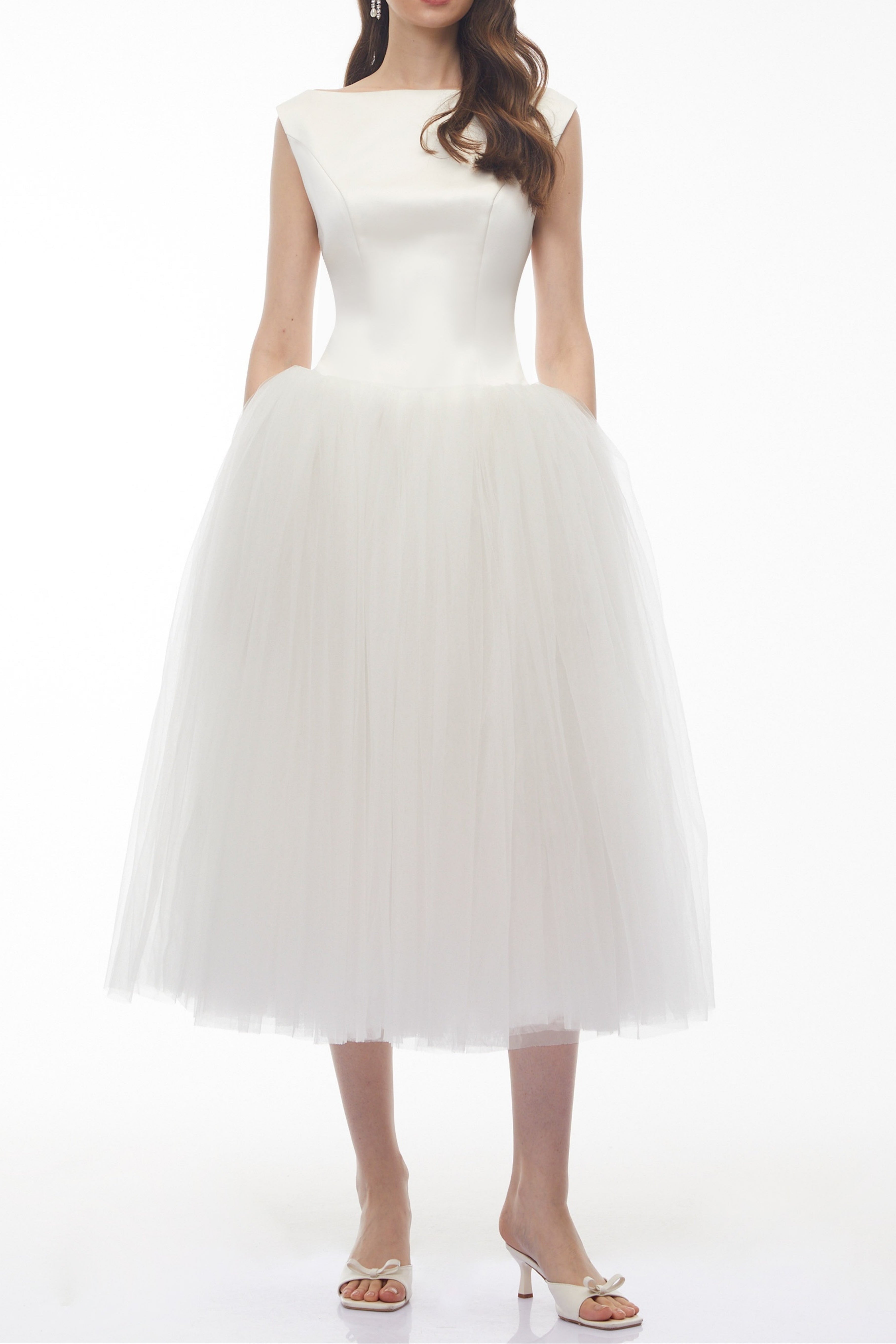 Salma White Pleated Flared Midi Dress
