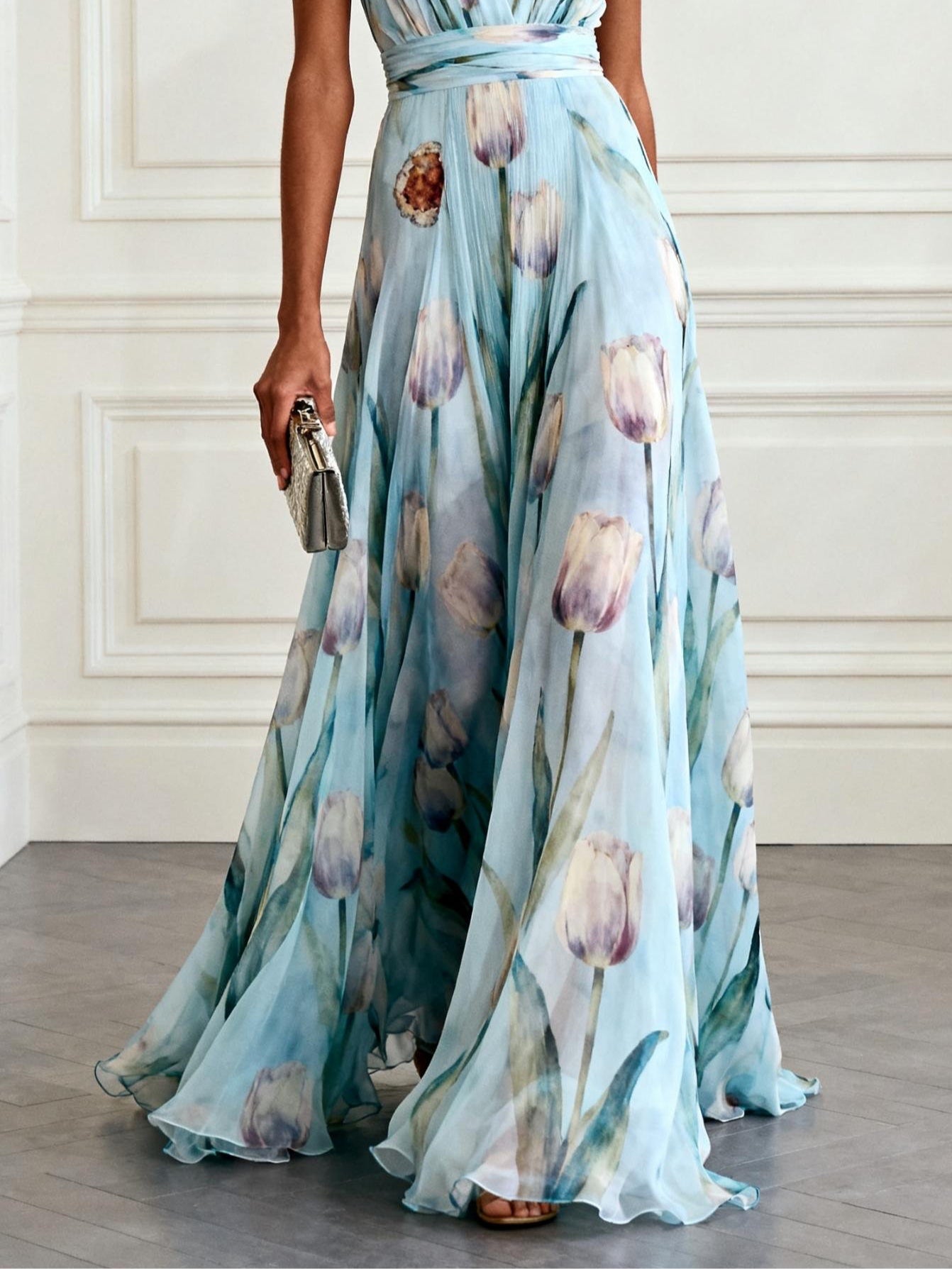 v-neck Tulip Print Chiffon Maxi Dress - blue