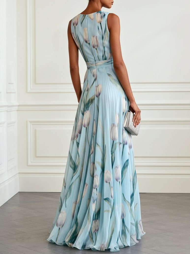 v-neck Tulip Print Chiffon Maxi Dress - blue