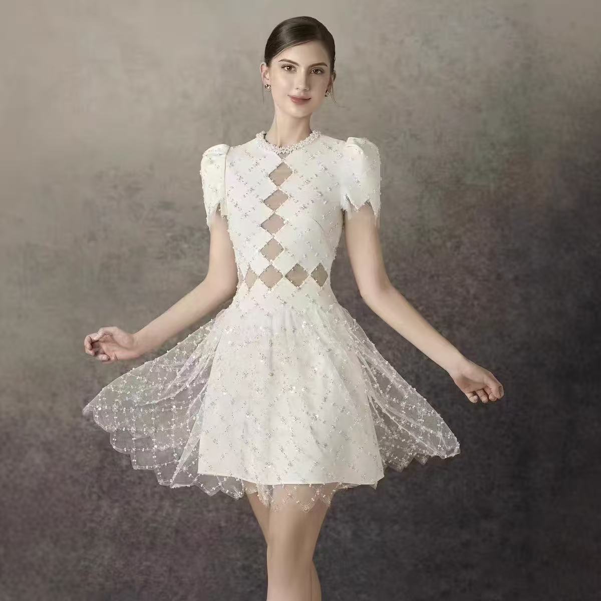 Henrietta Ivory Sequin Mini Dress with Mesh Panels