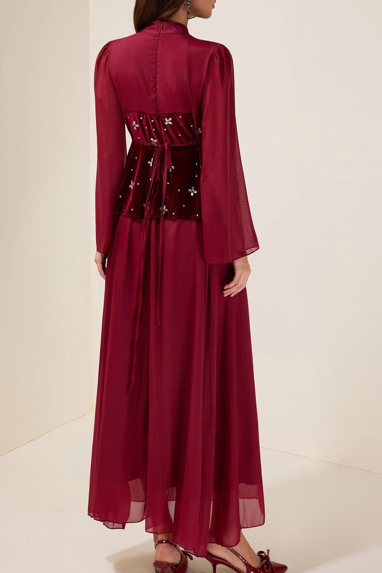 caroline Rhinestone Velvet Splicing Maxi Dress - burgundy