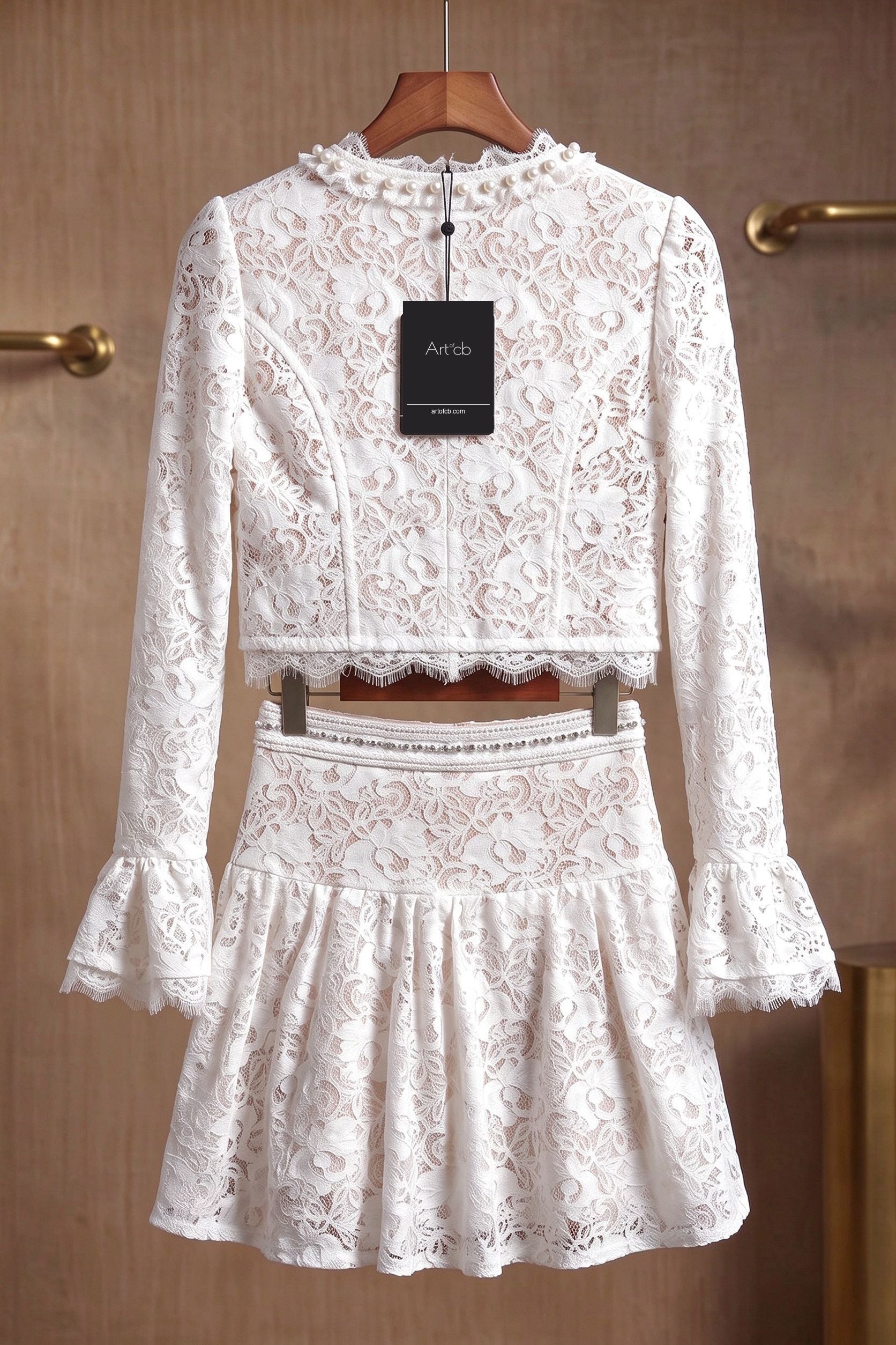 White Floral Corded Lace Fitted Cropped Jacket with Flared Mini Skirt Two-Piece Set
