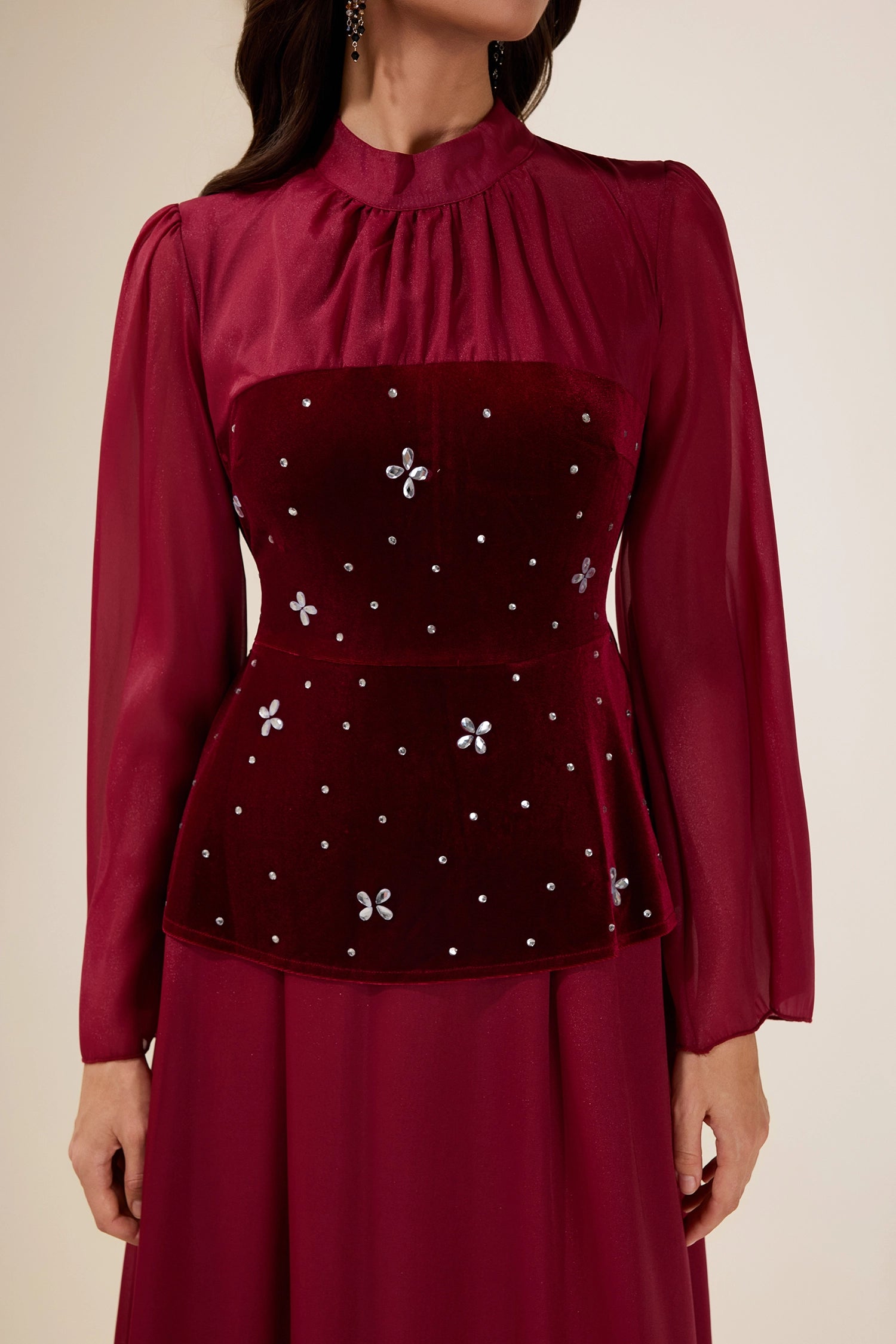 caroline Rhinestone Velvet Splicing Maxi Dress - burgundy
