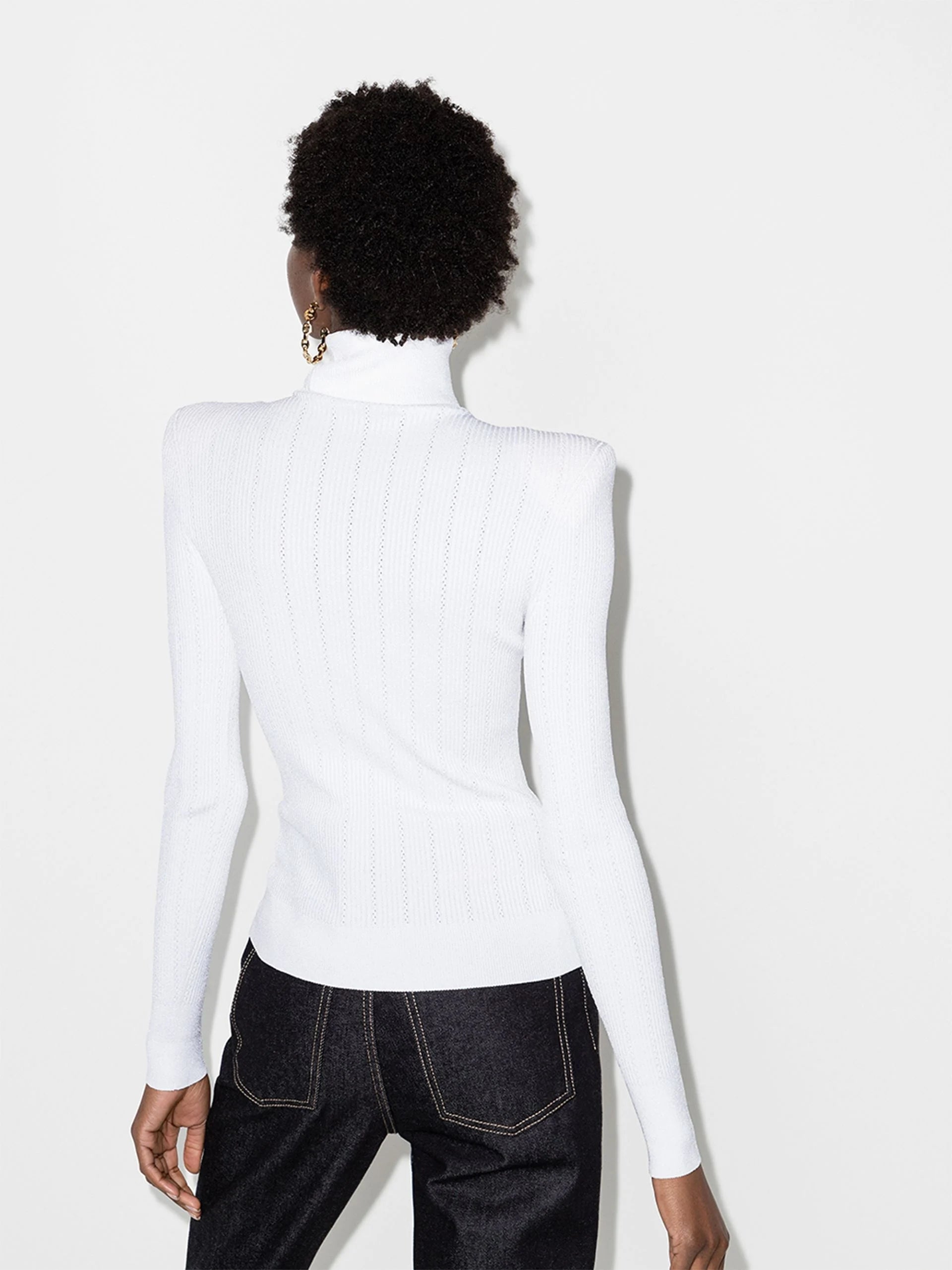WHITE RIBBED ROLL-NECK SWEATER-Ownci