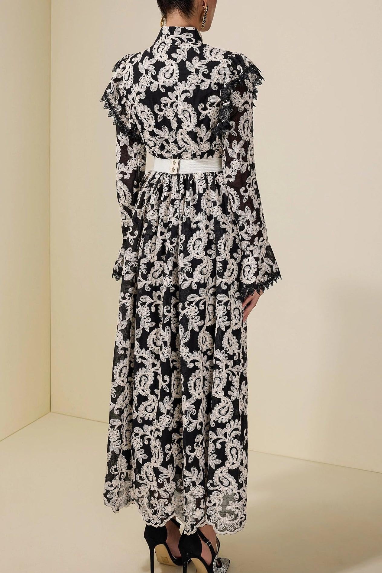 alma Chiffon Embroidered Single Breasted Midi Dress With Belt - black