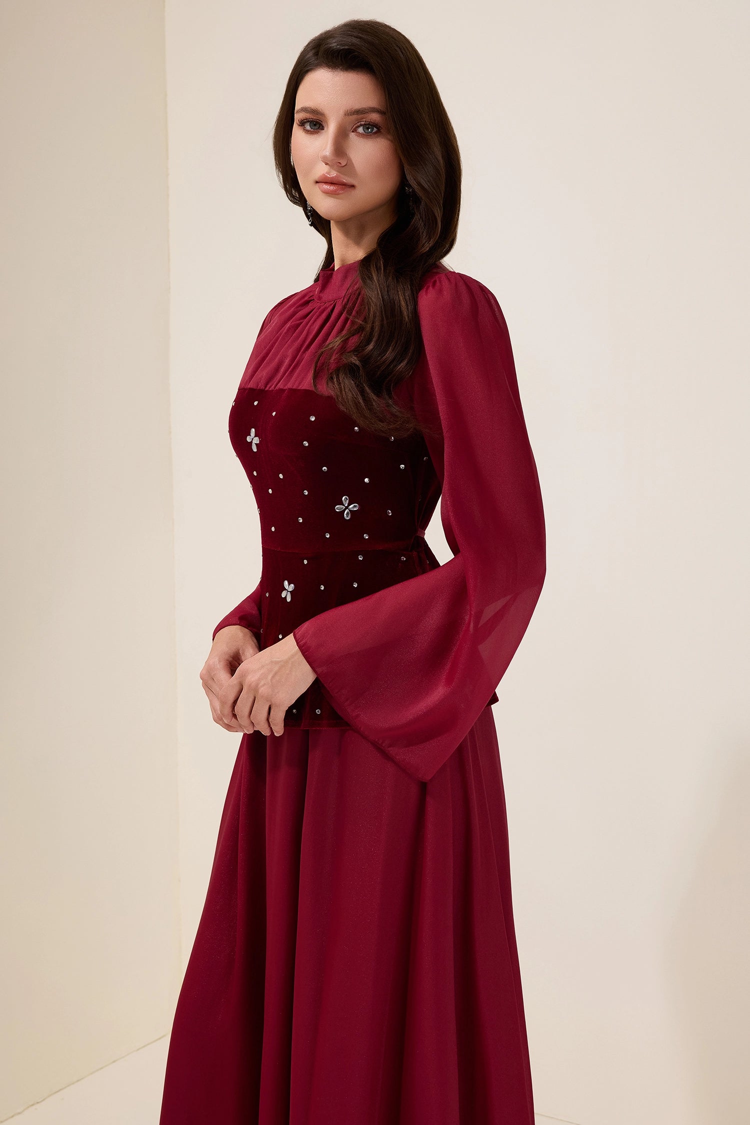 caroline Rhinestone Velvet Splicing Maxi Dress - burgundy