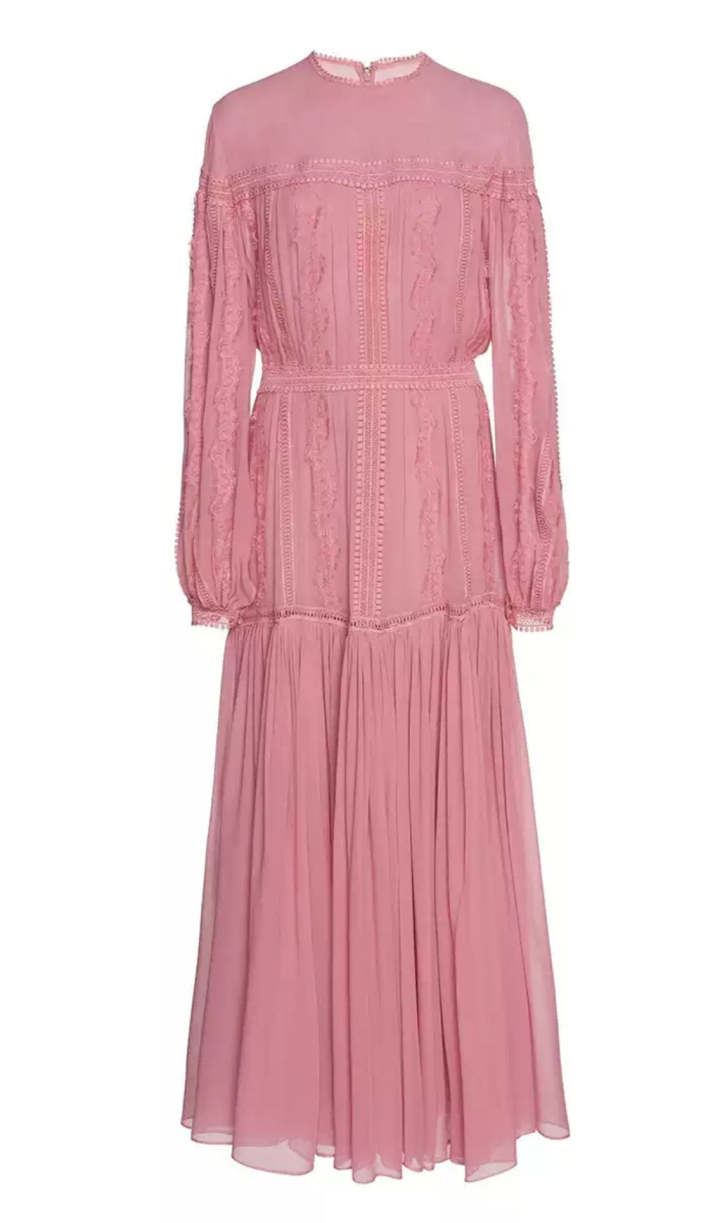 Elegant Pink Chiffon Maxi Dress with Lace Detailing