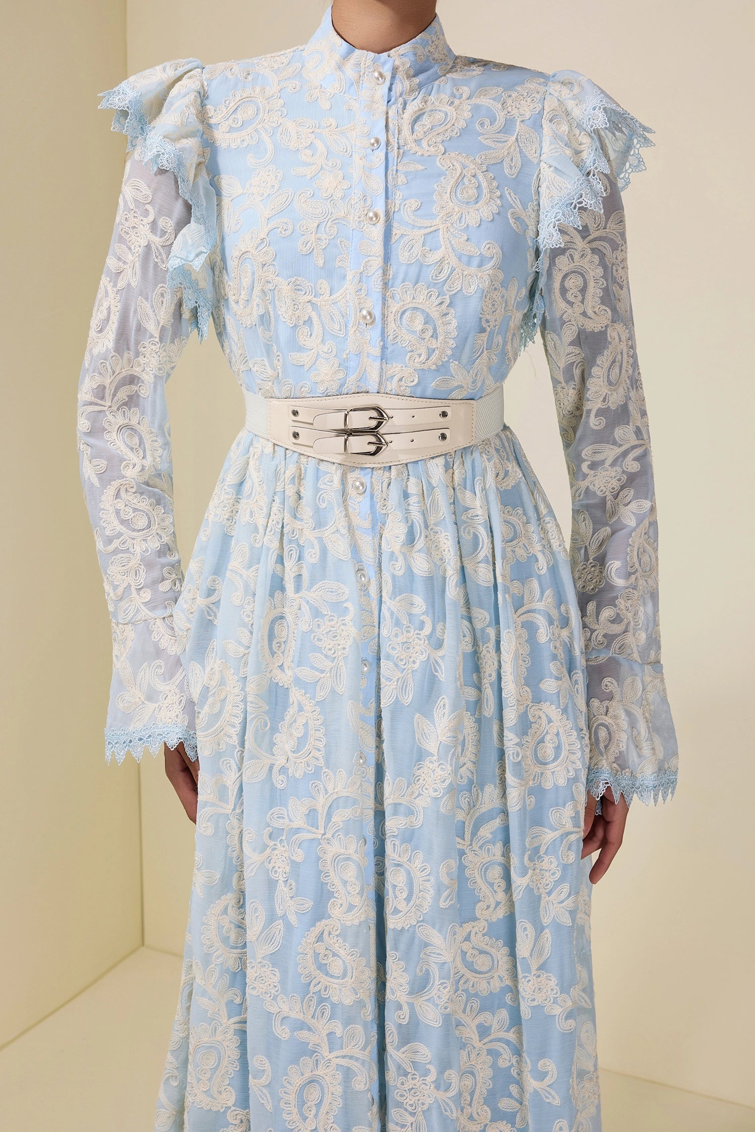 alma Chiffon Embroidered Single Breasted Midi Dress With Belt - blue