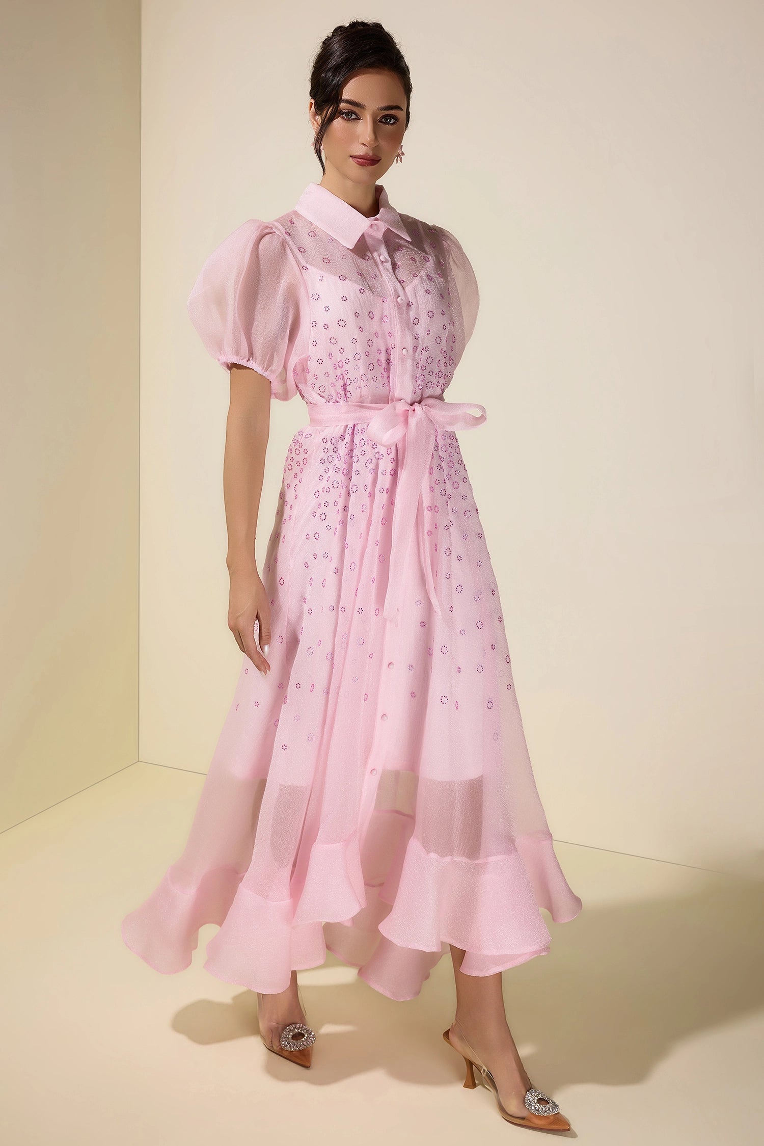 sylvia Rhinestone Puff Sleeve Maxi Dress With Belt - pink