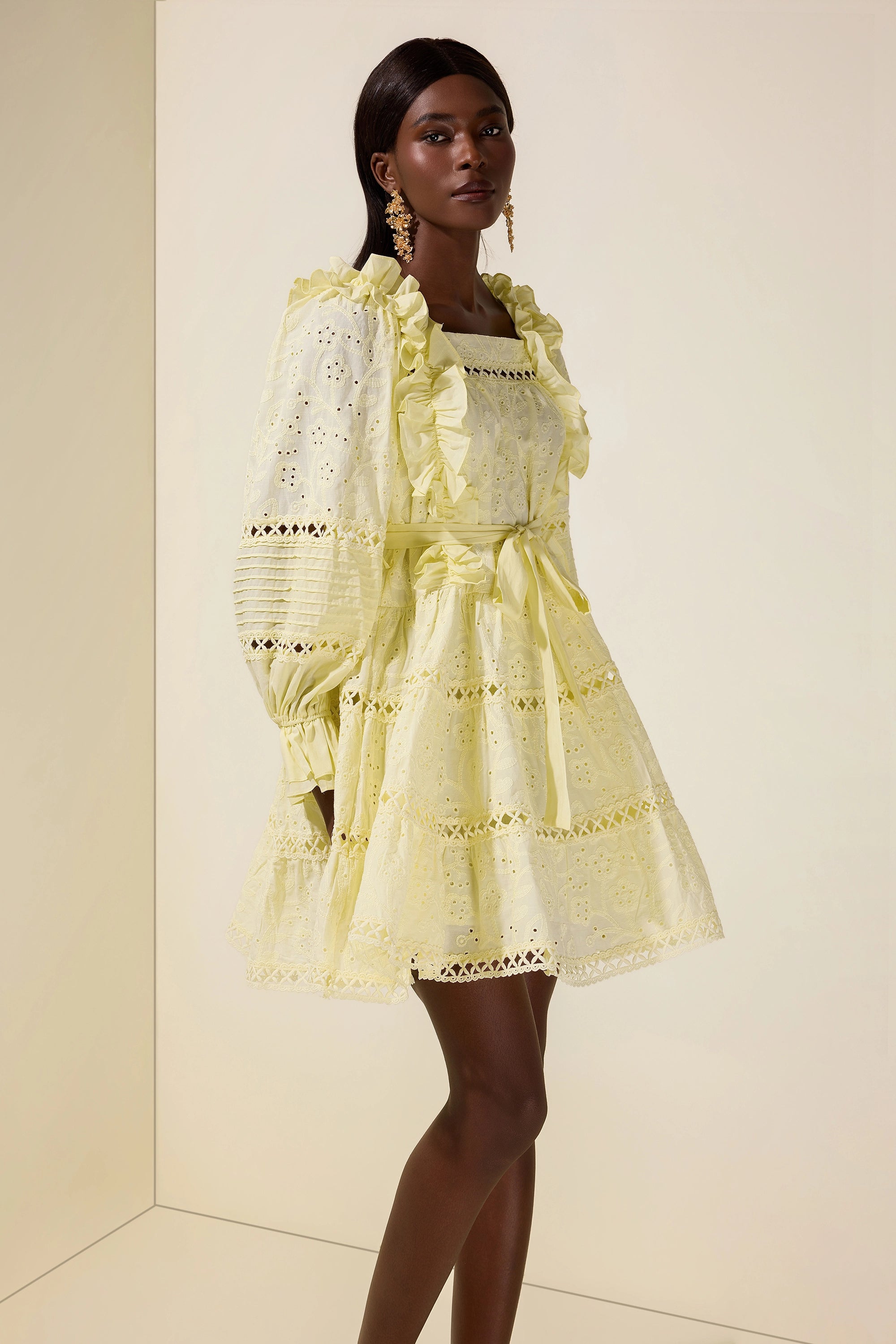 victoria Embroidered hollow Ruffle Mini Dress - yellow