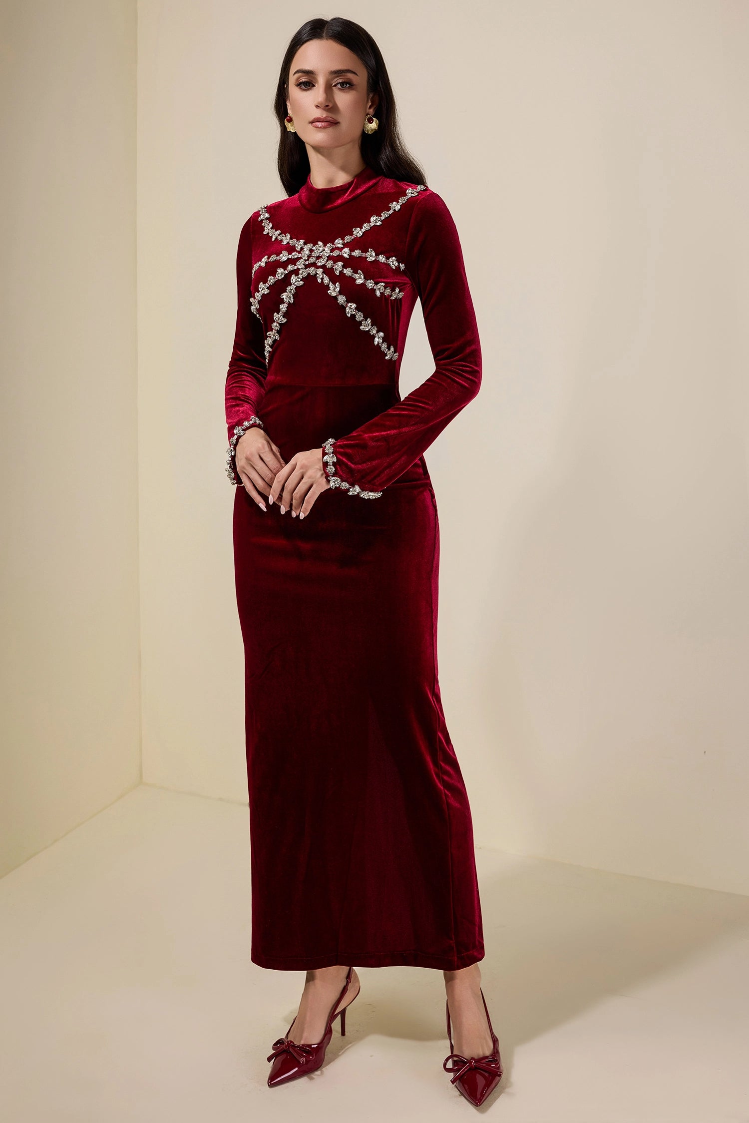 hilary Velvet Rhinestone Long Sleeve Maxi Dress - burgundy
