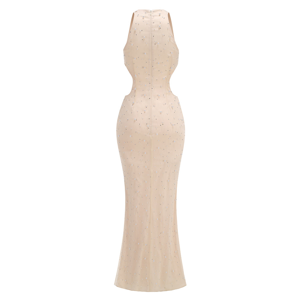 Off-shoulder waisted pearl embellished fishtail dress