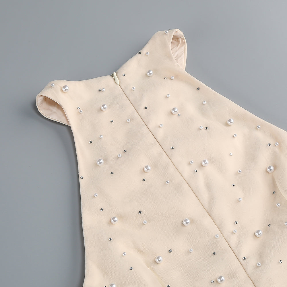 Off-shoulder waisted pearl embellished fishtail dress
