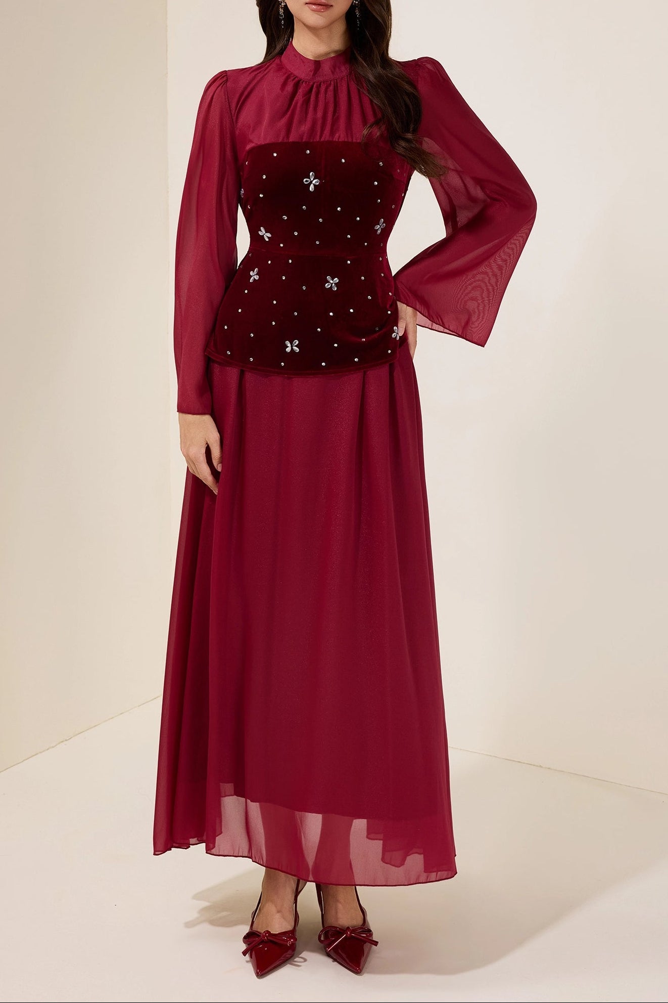 caroline Rhinestone Velvet Splicing Maxi Dress - burgundy