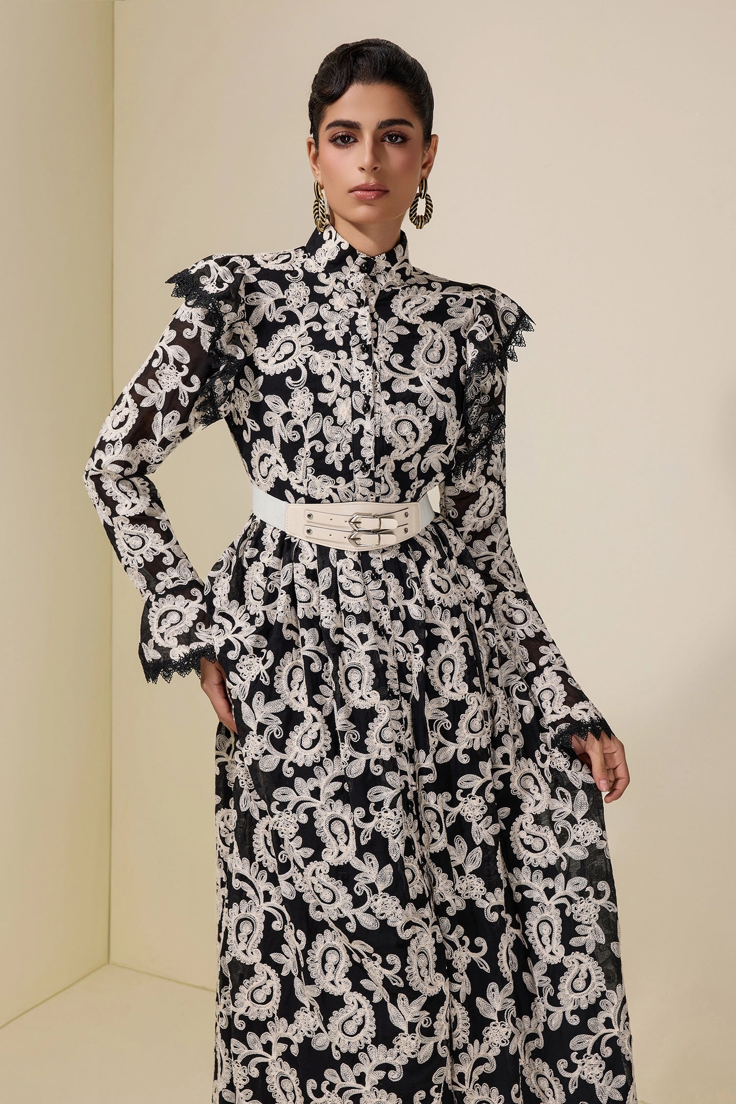alma Chiffon Embroidered Single Breasted Midi Dress With Belt - black