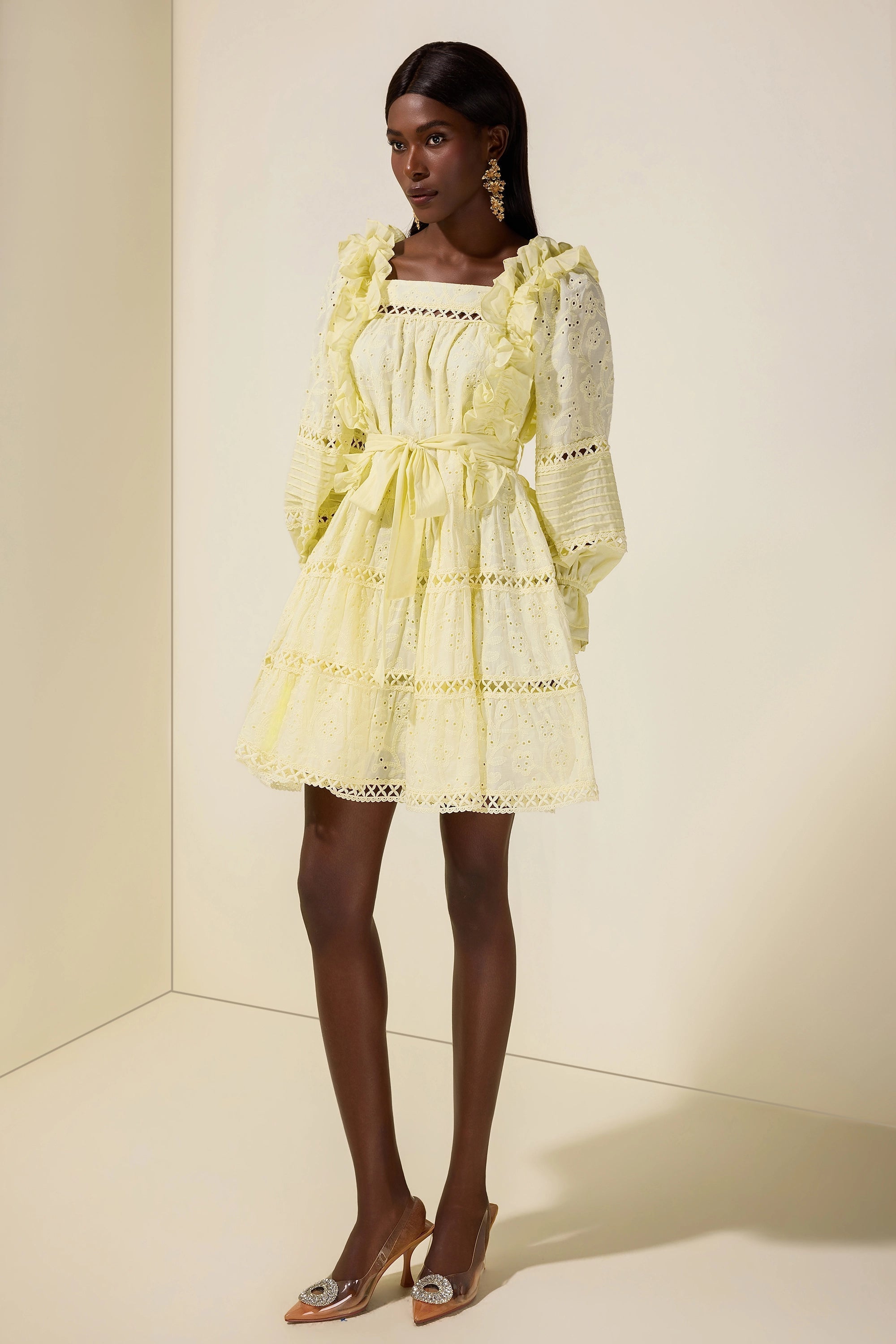 victoria Embroidered hollow Ruffle Mini Dress - yellow