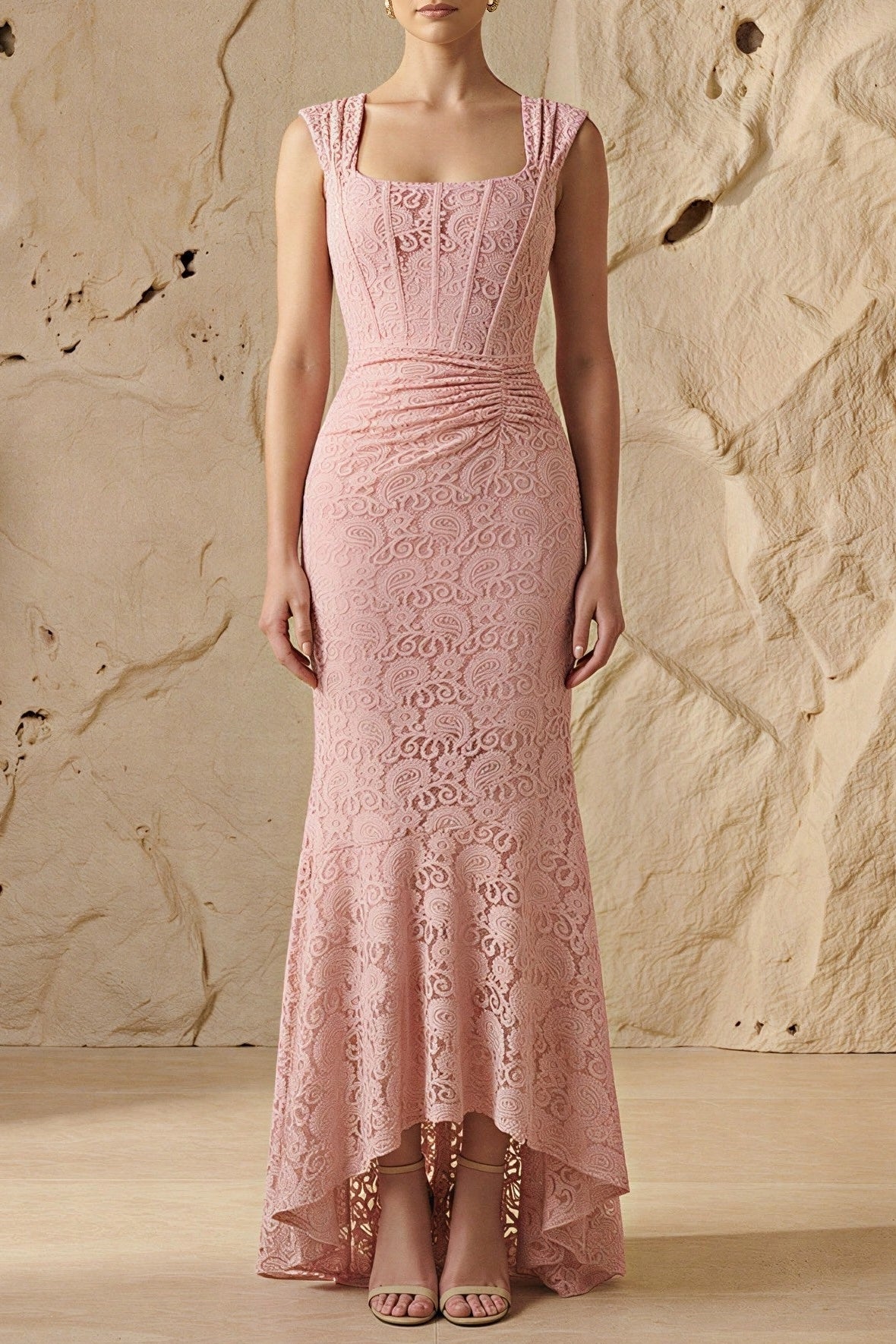 vivien Lace Gathering Maxi Dress - pink