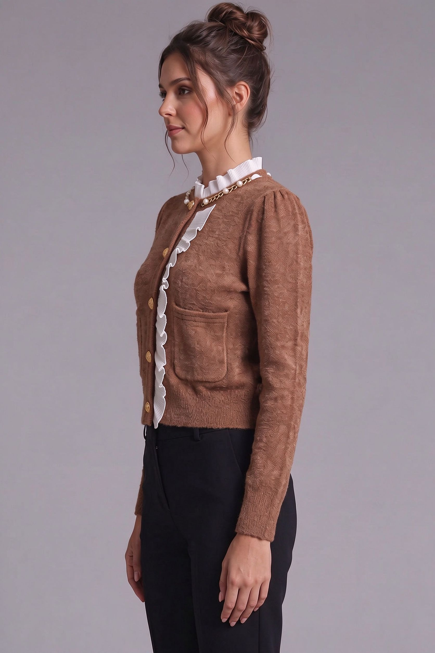 caramel brown textured wool-blend knit fitted, cropped cardigan