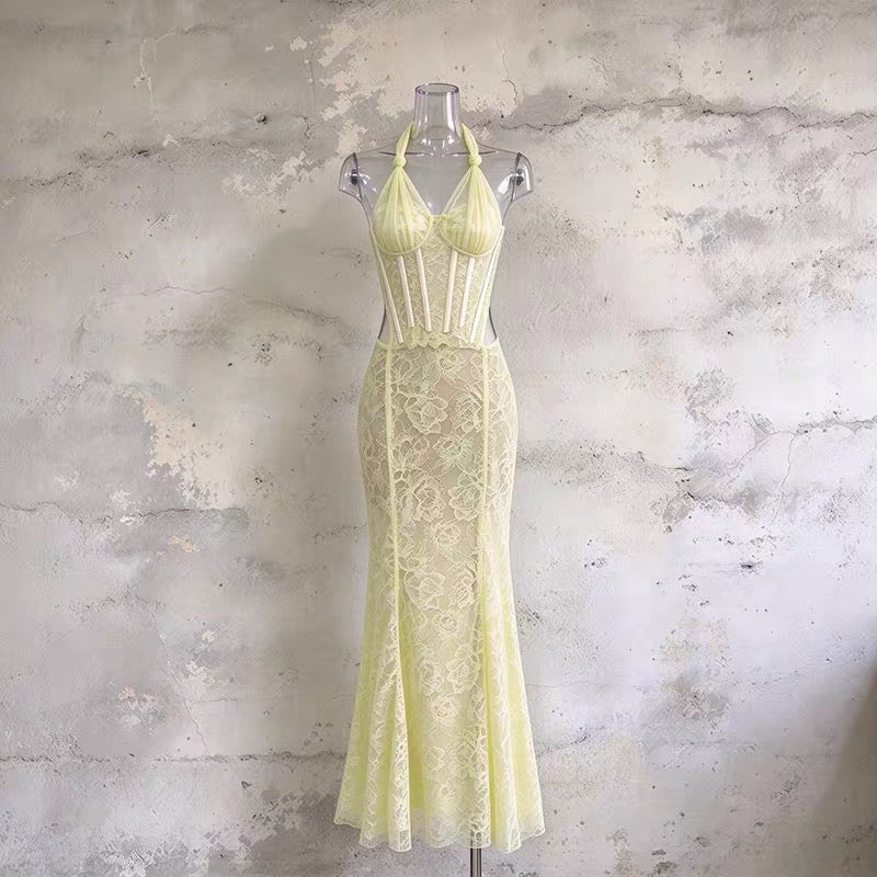 Pale Yellow Floral Lace Mermaid Gown