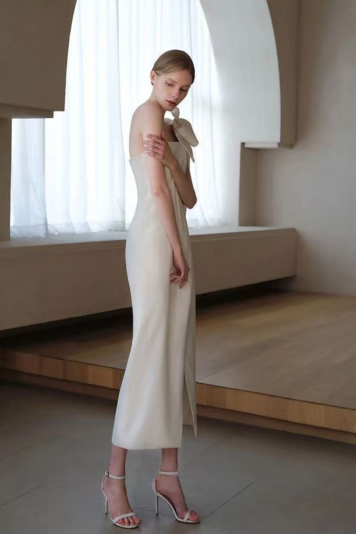 Estelle White Off Shoulder Satin Midi Dress with Bow