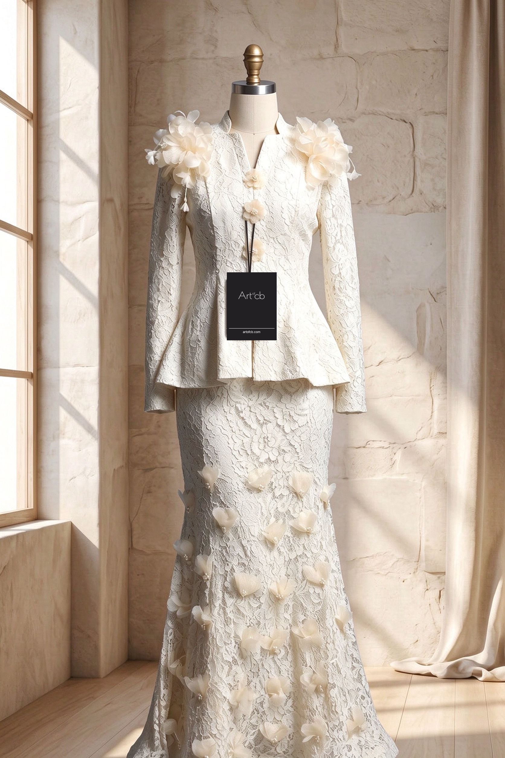 Ivory Corded Floral Lace Two-Piece Skirt Suit