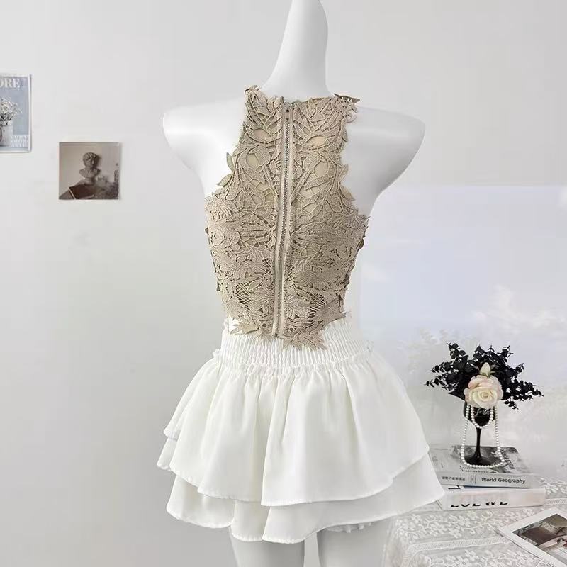 Halter Lace Corset & Puffy Tulle Skirt Two-Piece Set