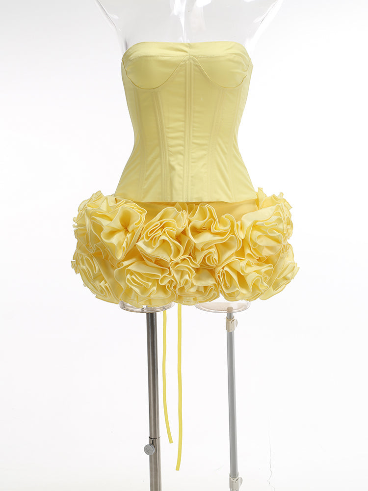 amy flower embellished mini skirt corset set in yellow