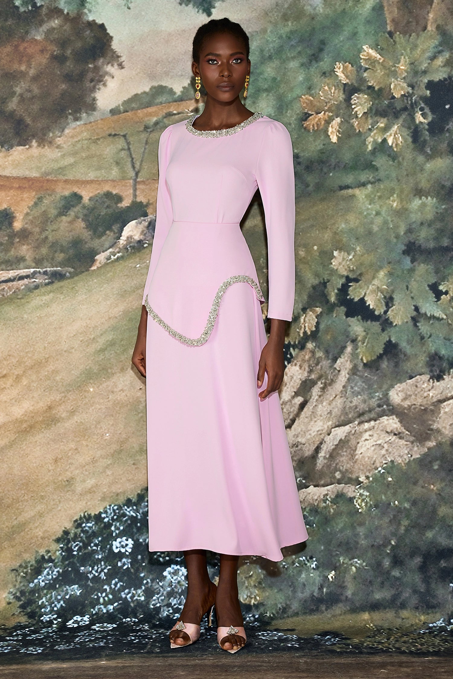 damla Rhinestone embellished Long Sleeve Midi Dress - pink
