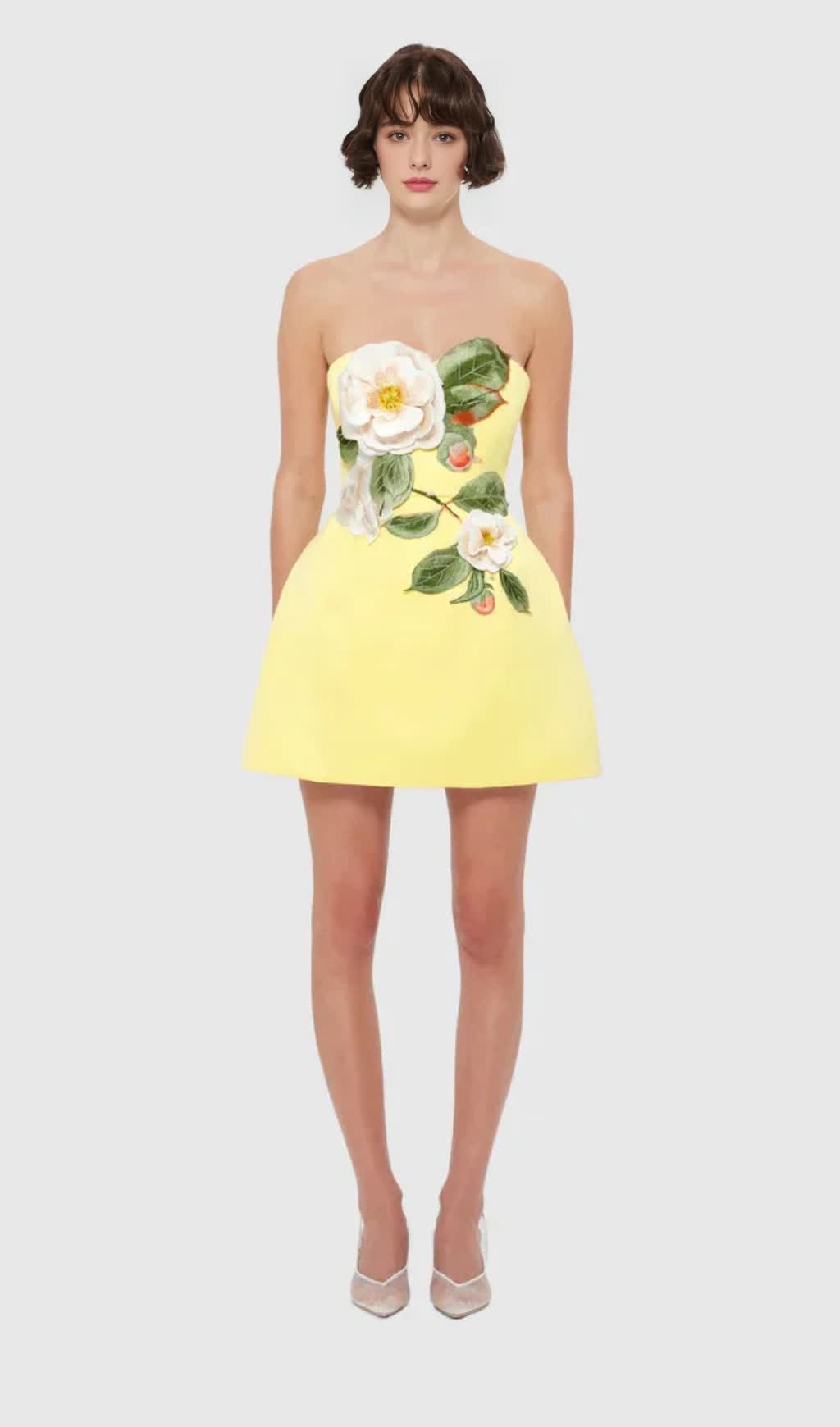 SUZANNE APPLIQUÉ FLORAL BUSTIER MINI DRESS IN YELLOW