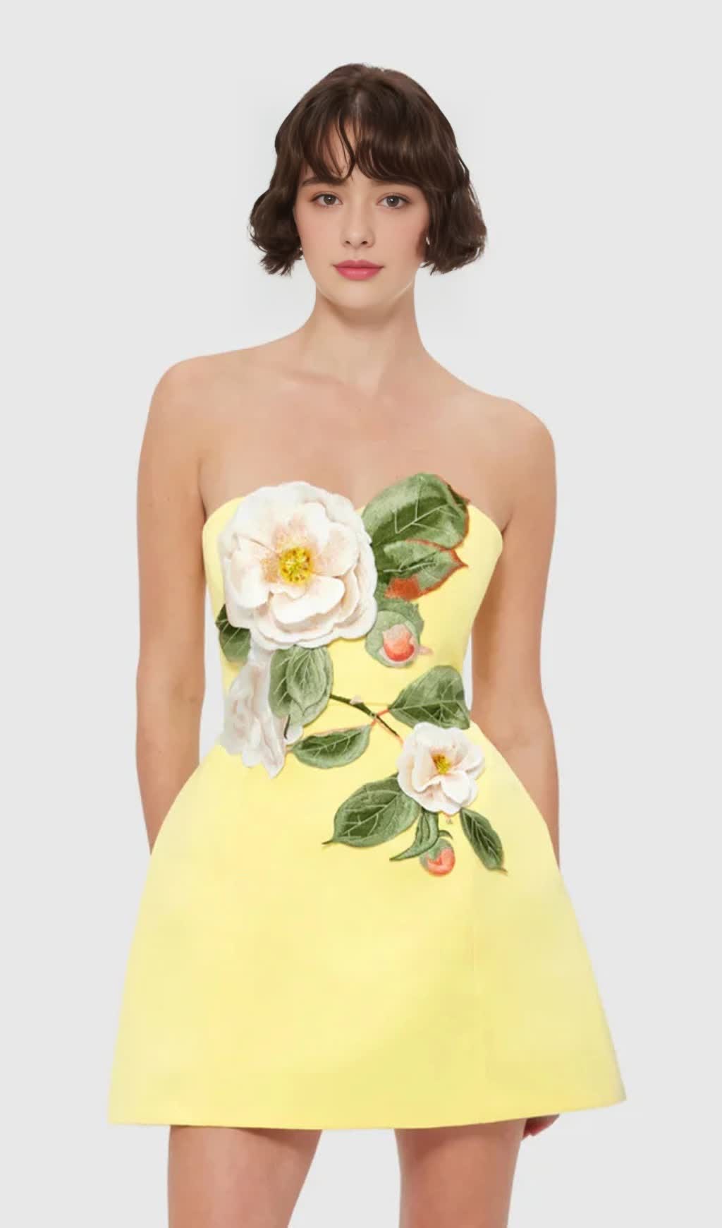 SUZANNE APPLIQUÉ FLORAL BUSTIER MINI DRESS IN YELLOW