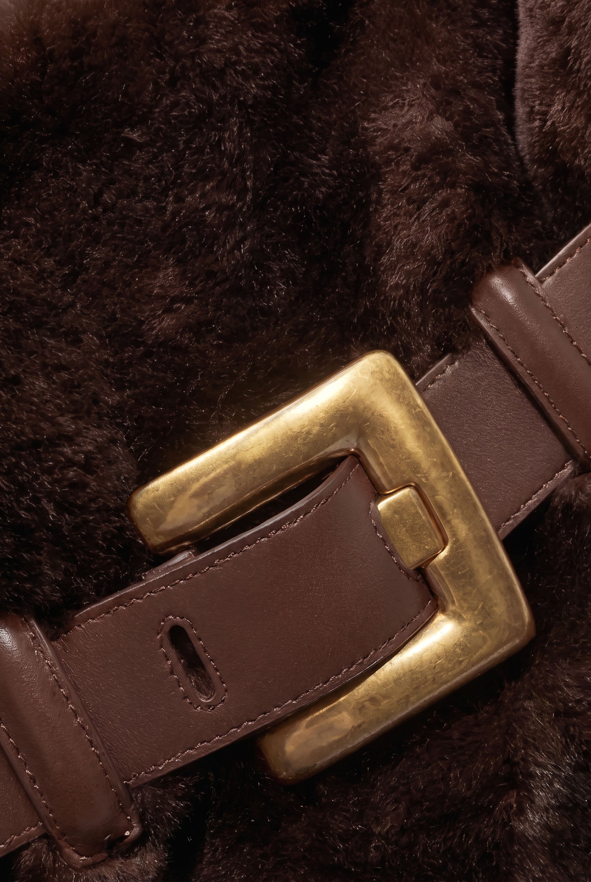 Faux Fur Handbag with Belt Buckle Detail – Brown