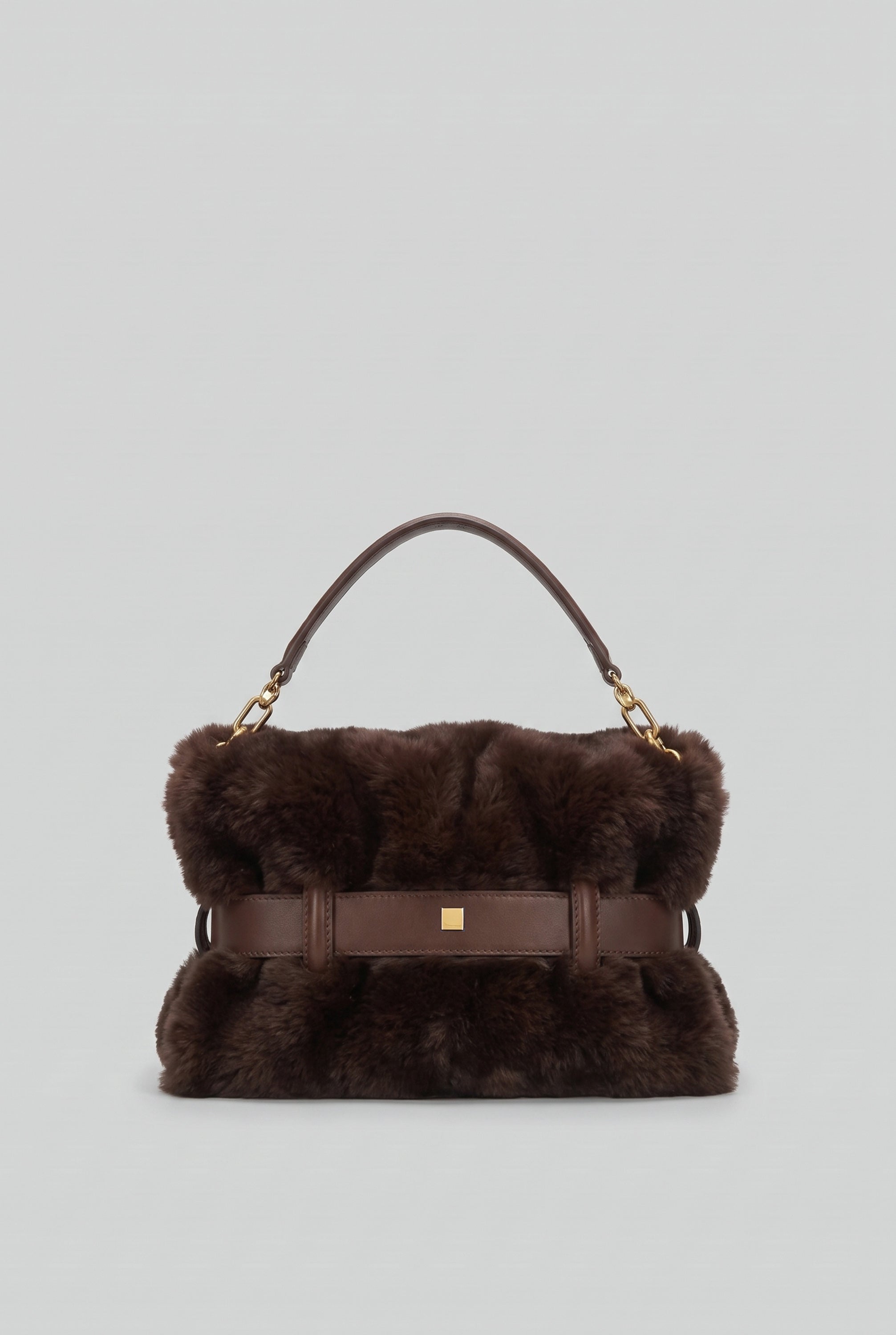 Faux Fur Handbag with Belt Buckle Detail – Brown