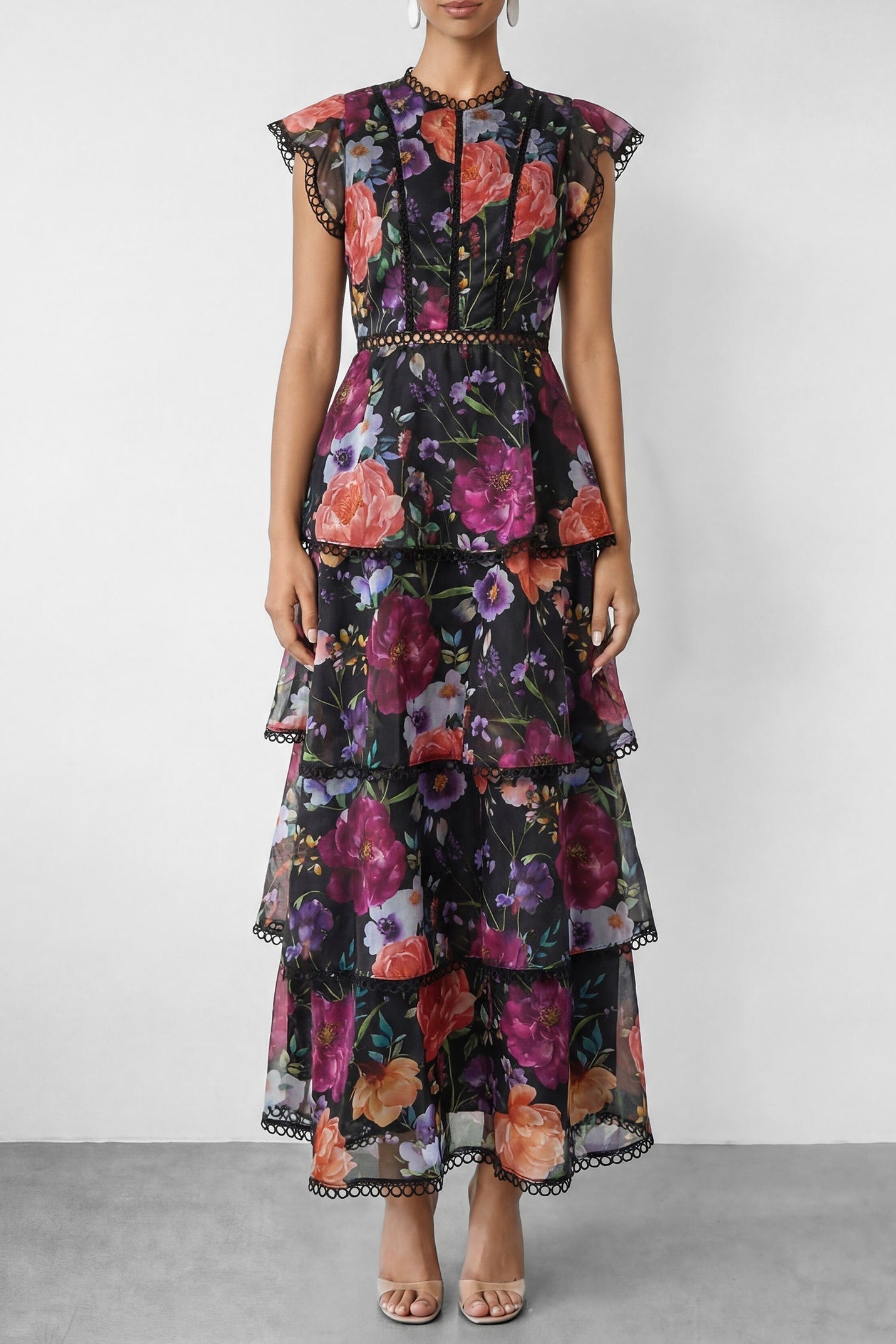 Black Floral Print Tiered Ruffle Maxi Dress