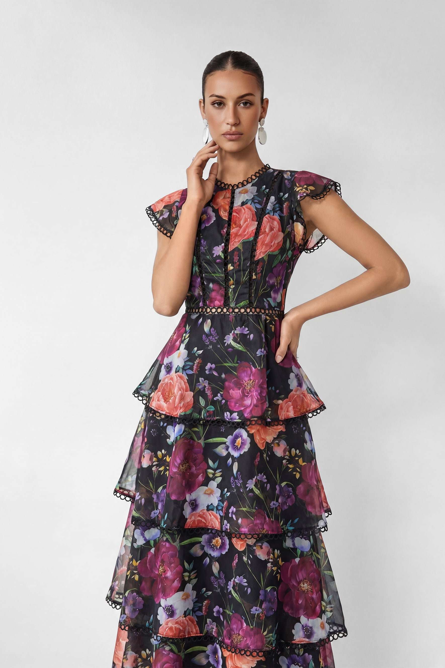 Black Floral Print Tiered Ruffle Maxi Dress