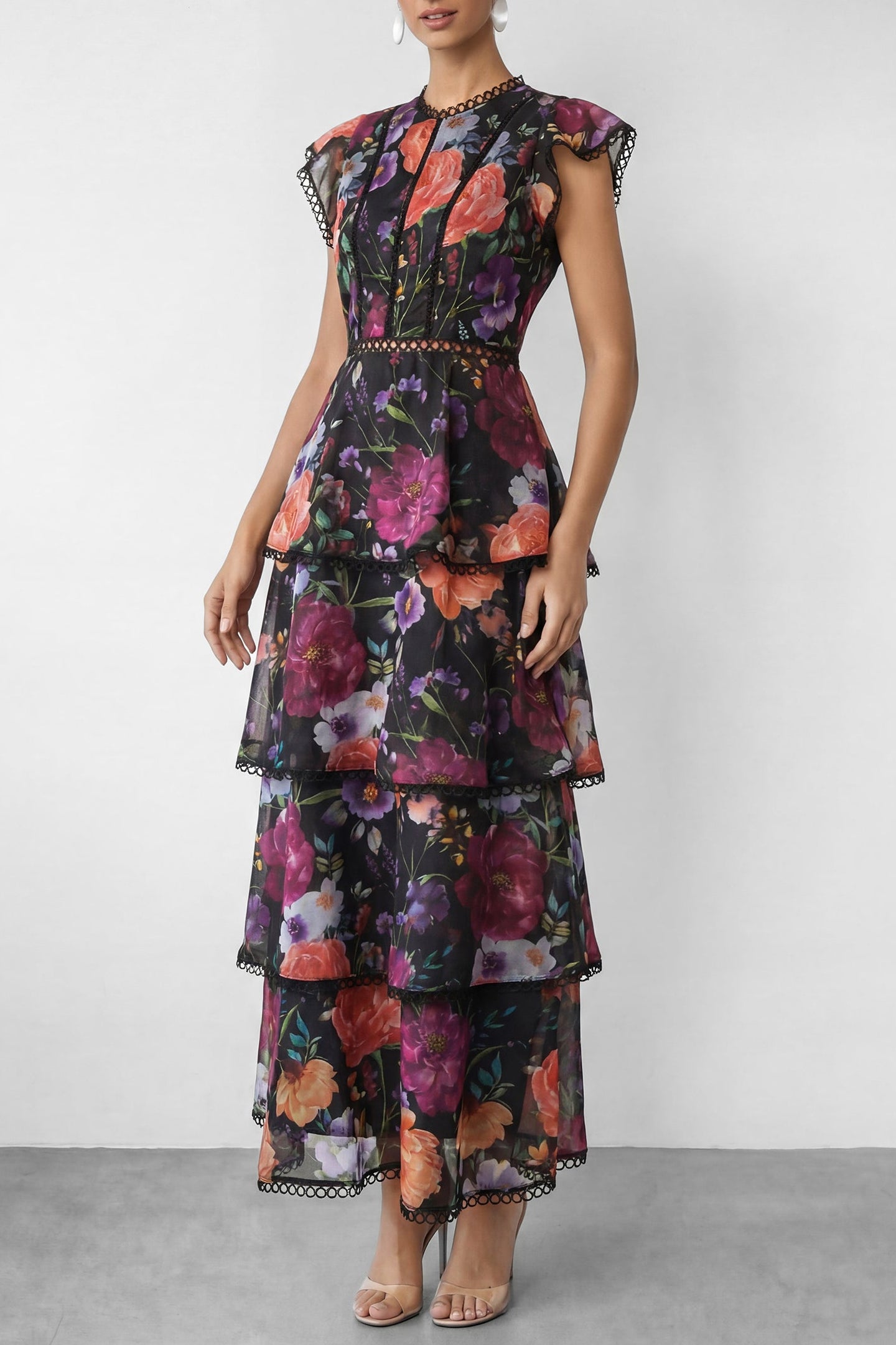 Black Floral Print Tiered Ruffle Maxi Dress