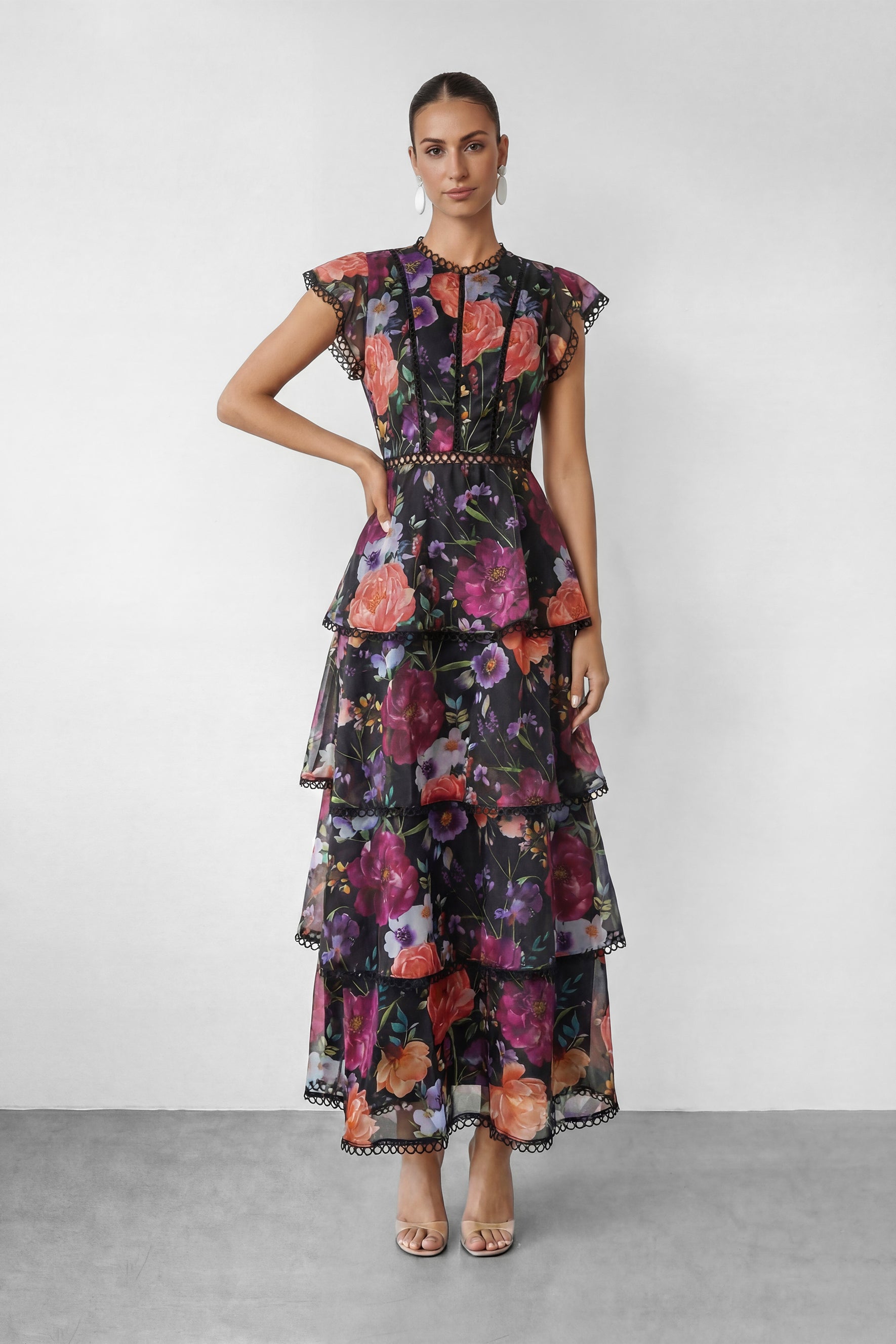 Black Floral Print Tiered Ruffle Maxi Dress