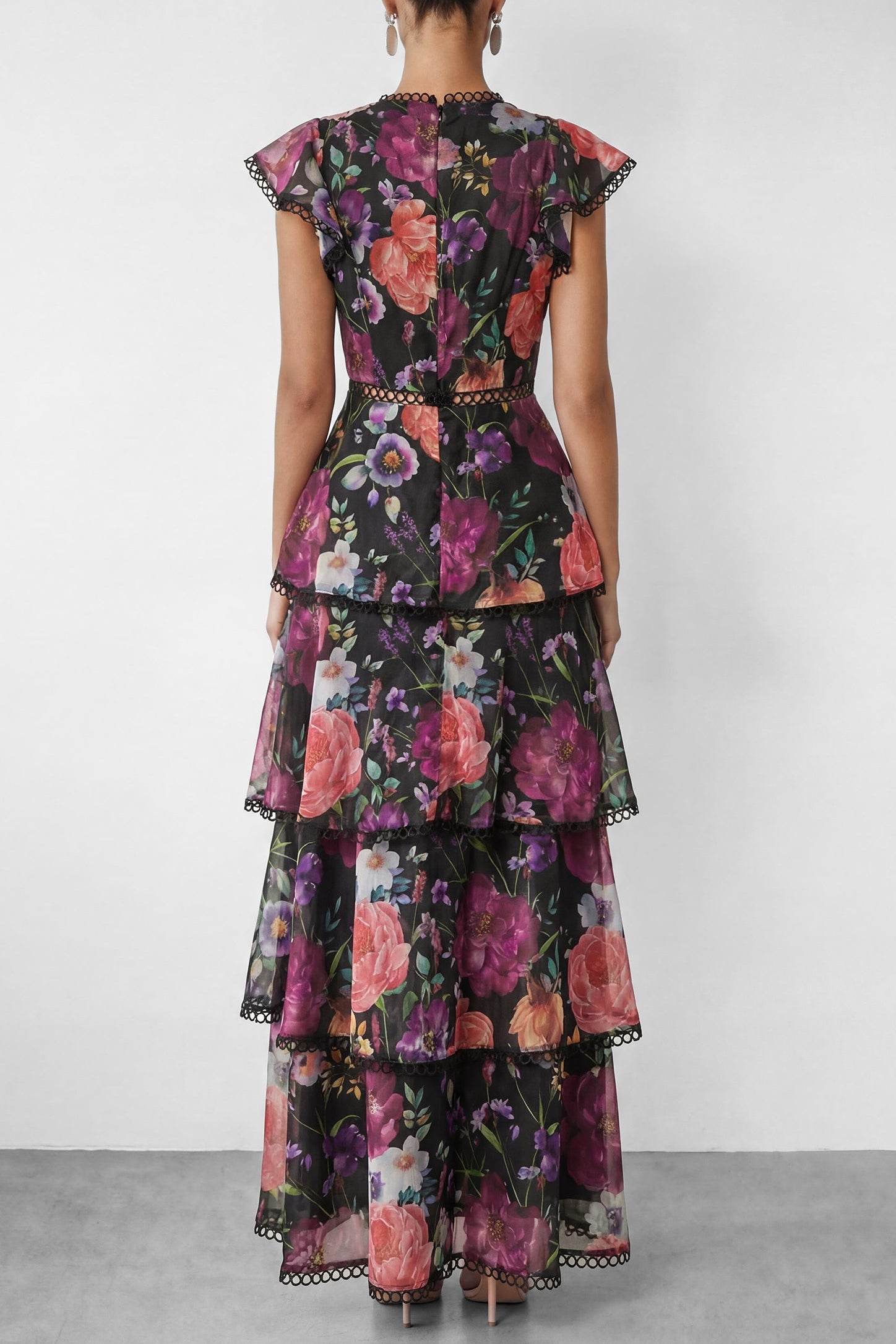 Black Floral Print Tiered Ruffle Maxi Dress