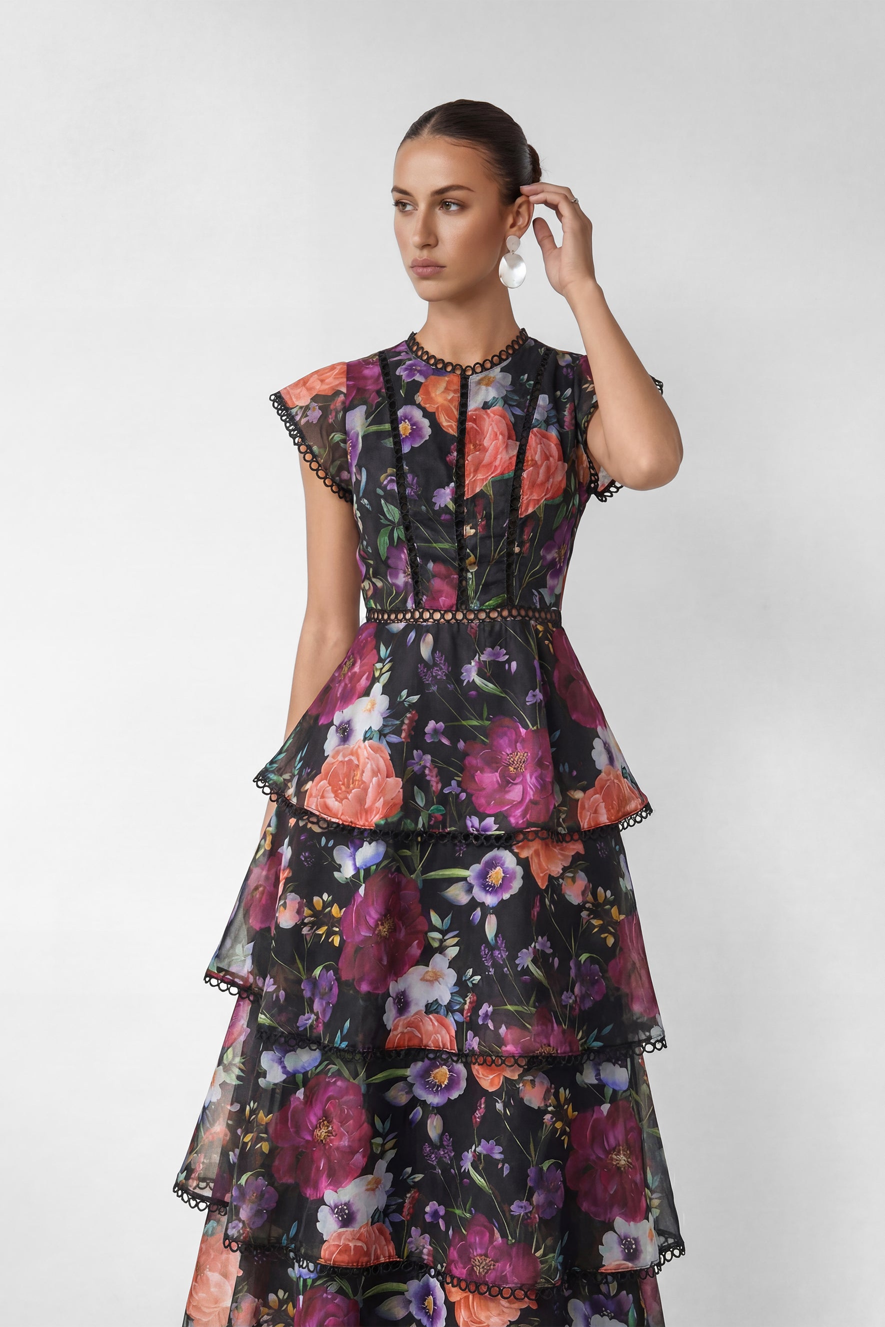 Black Floral Print Tiered Ruffle Maxi Dress