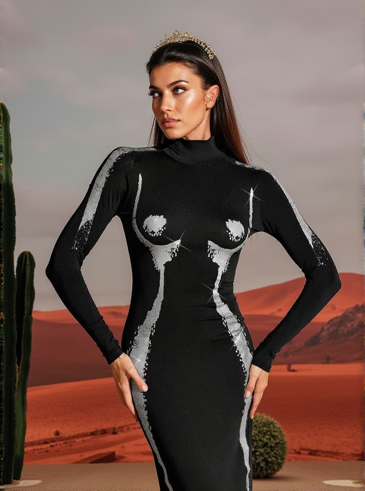 Lidal Long Sleeve Body Printed Maxi Dress In Silver