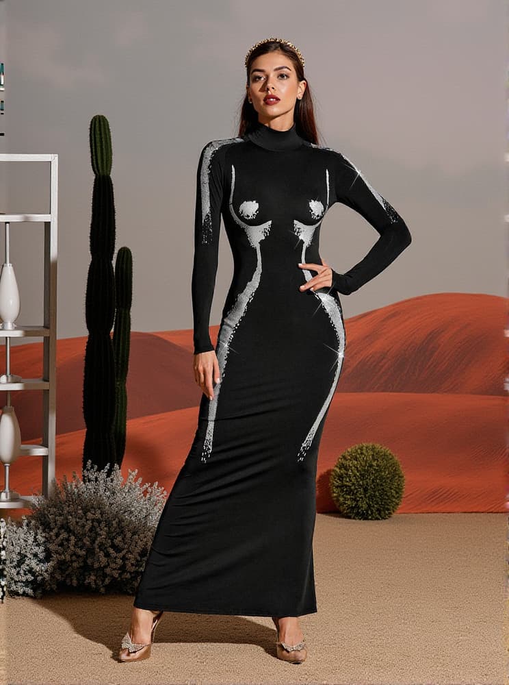 Lidal Long Sleeve Body Printed Maxi Dress In Silver