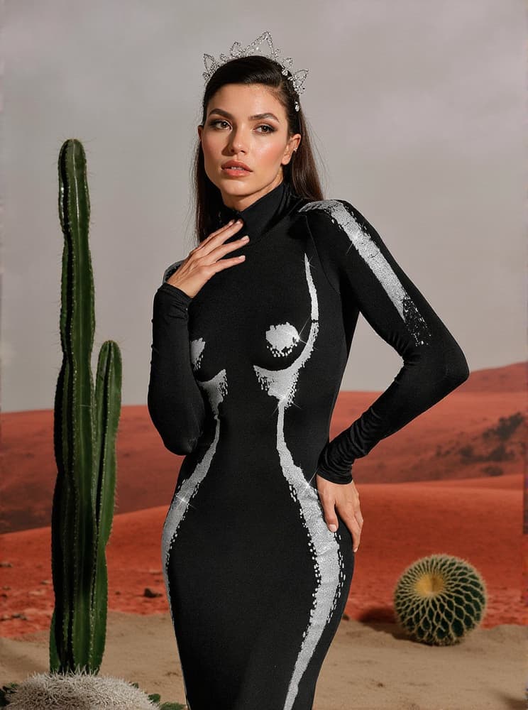 Lidal Long Sleeve Body Printed Maxi Dress In Silver